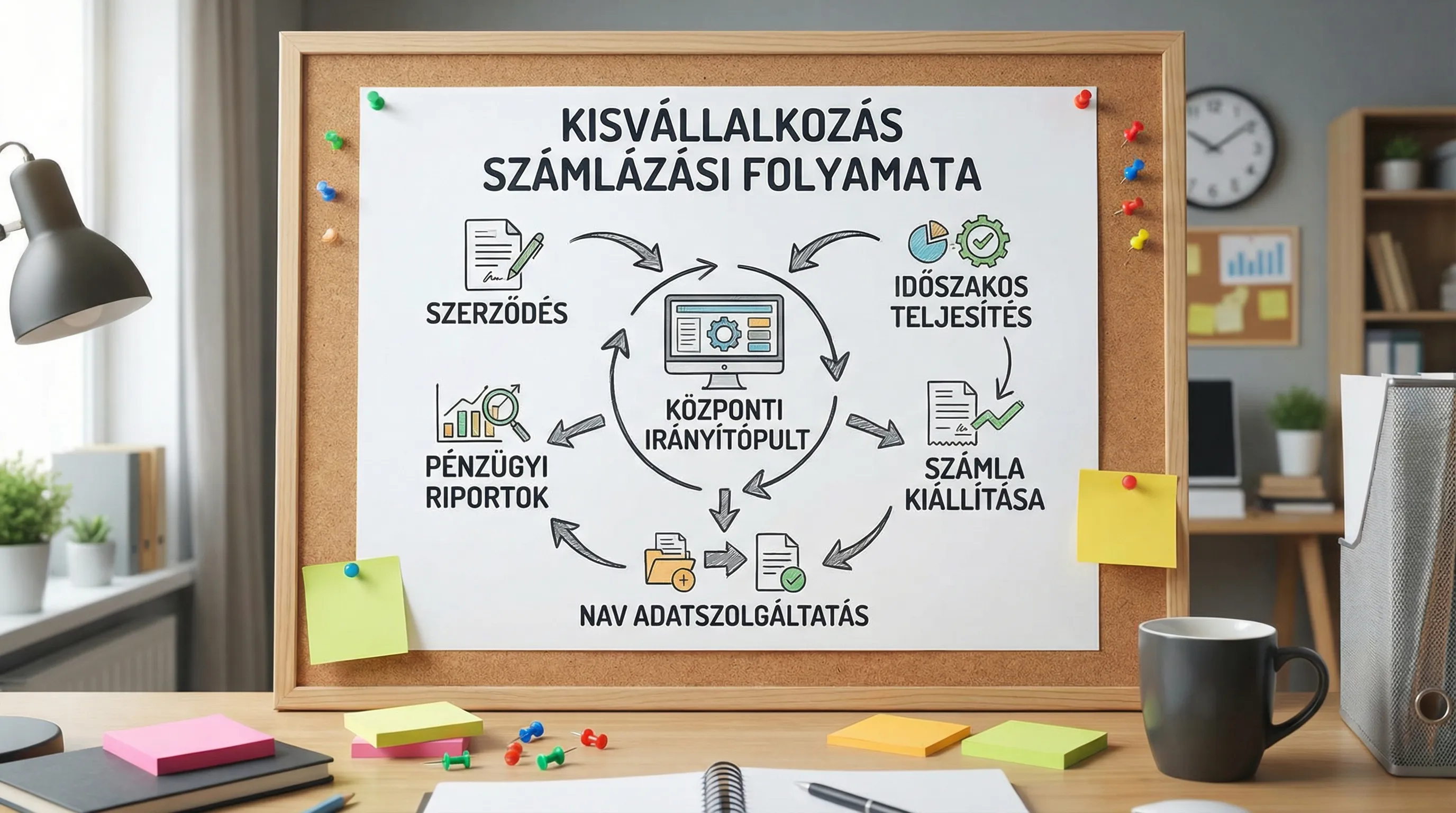Képernyő nélküli, sematikus illusztráció egy kisvállalkozás számlázási folyamatáról: szerződés, időszakos teljesítés, számla kiállítása, NAV adatszolgáltatás, pénzügyi riportok egy központi irányítópult köré rendezve.