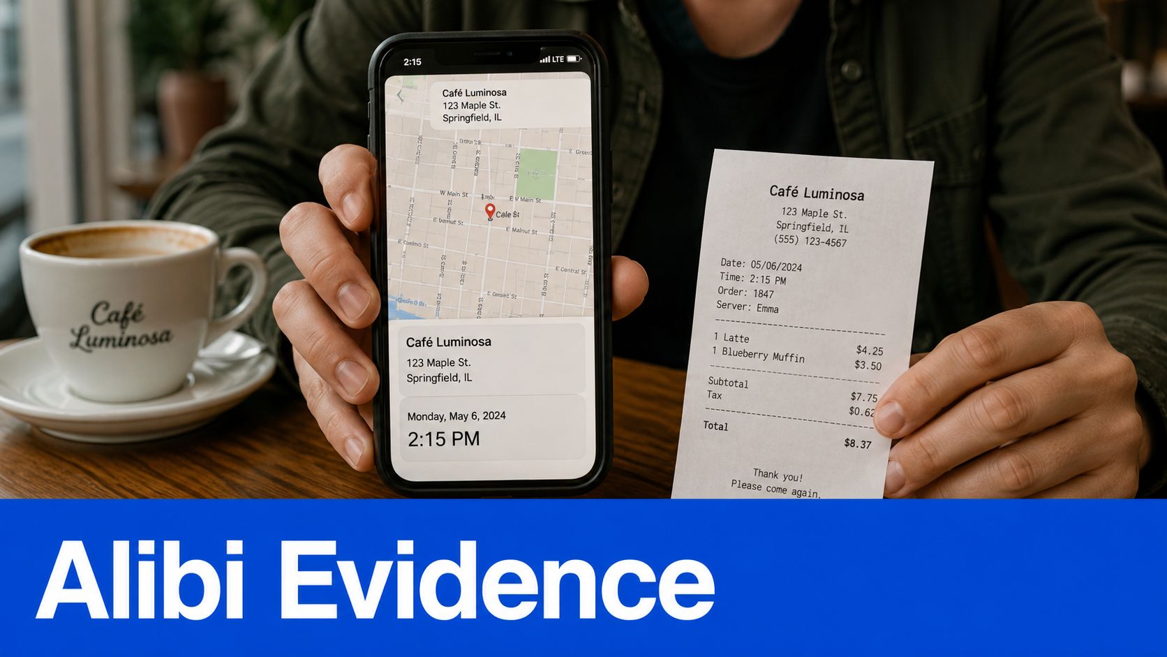 A person holding a smartphone and a printed receipt at Café Luminosa as alibi evidence.