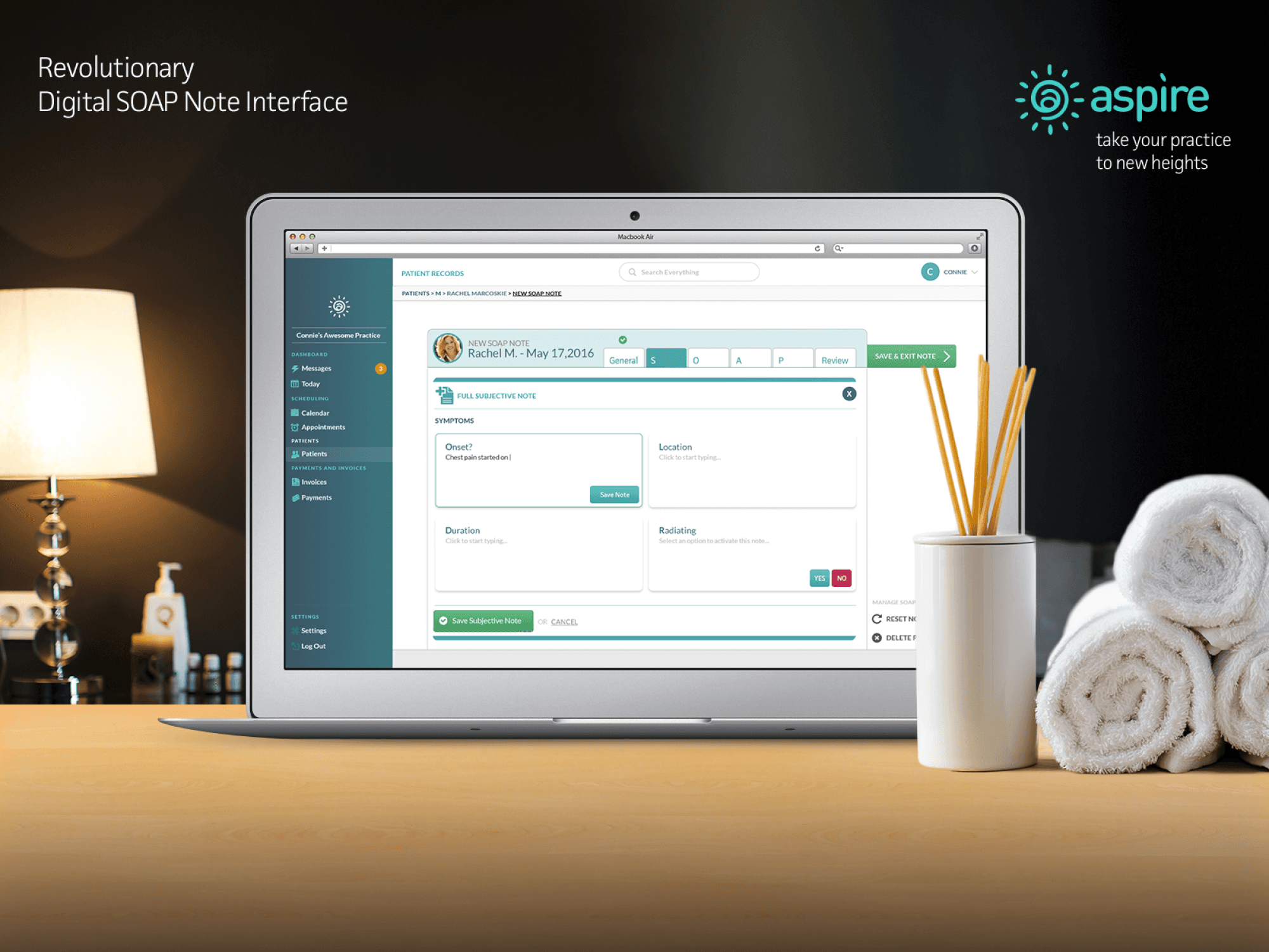 Laptop with massage therapy supplies on desk showing a SOAP interface