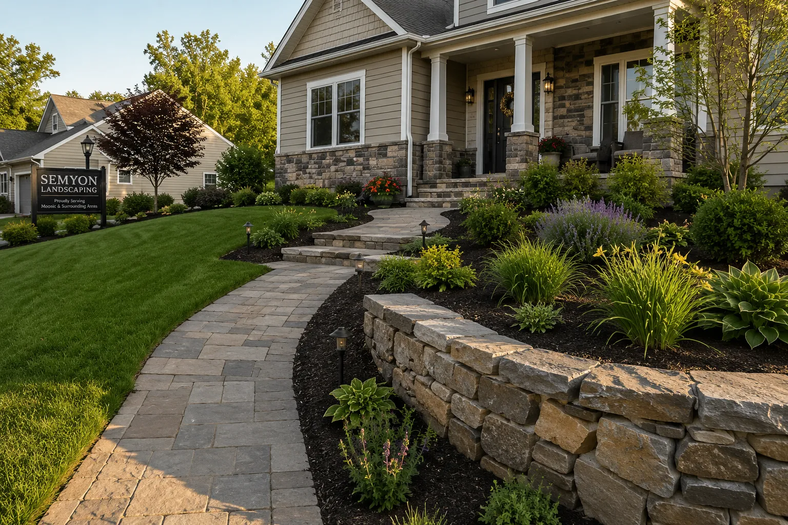 Residential landscaping with maintained lawn and planting beds in Moosic, Pennsylvania