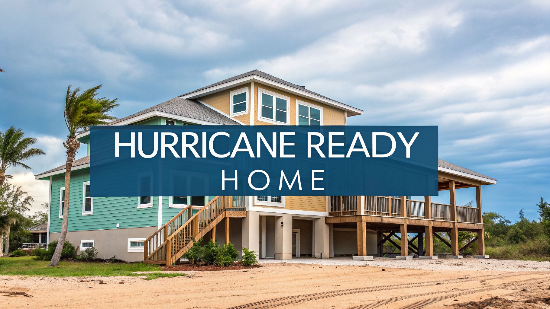 a elevated beach-front home with 'hurricane ready home' in the foreground