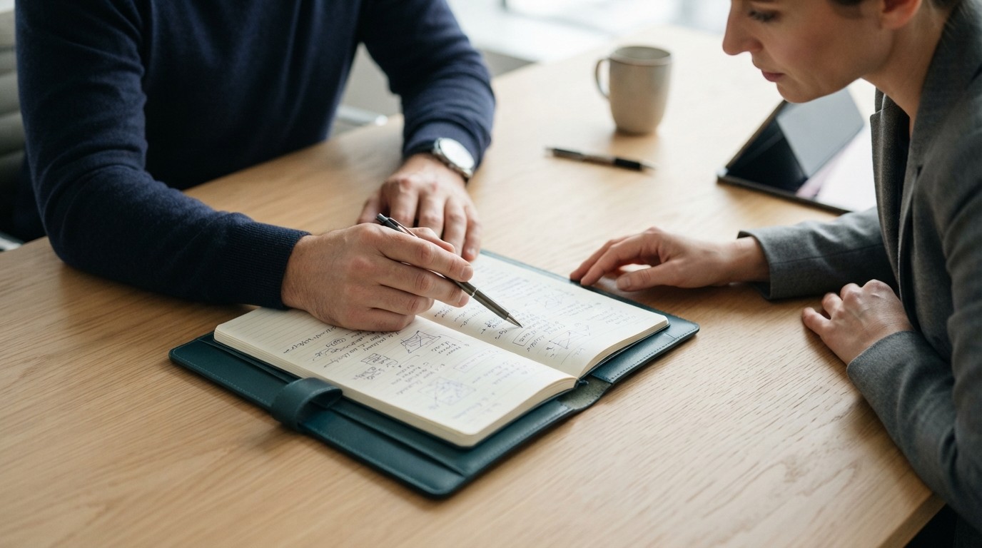 Two professionals reviewing project notes on a wooden table