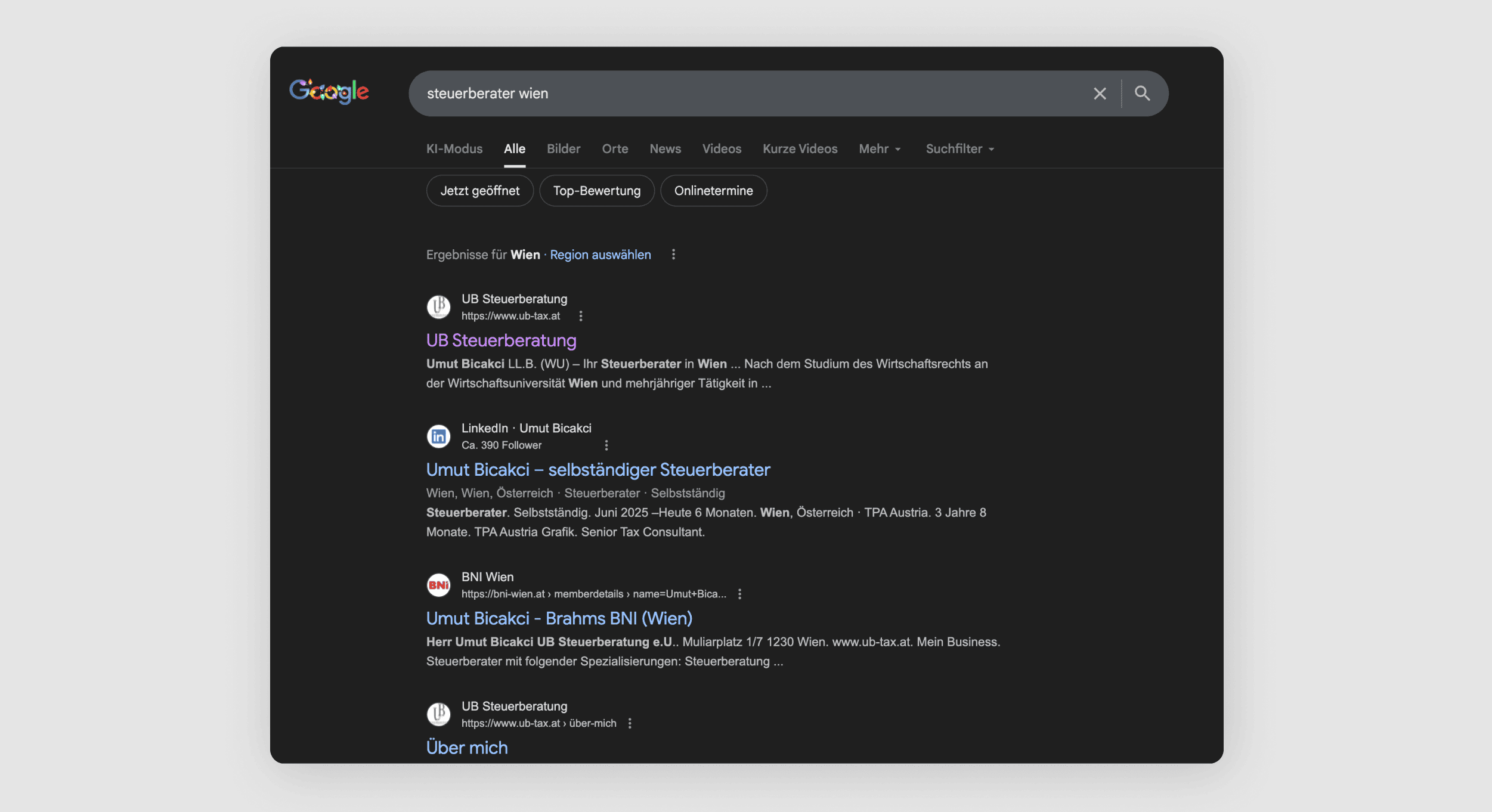 Google Suche Screenshot, SEO Sichtbarkeit einer website