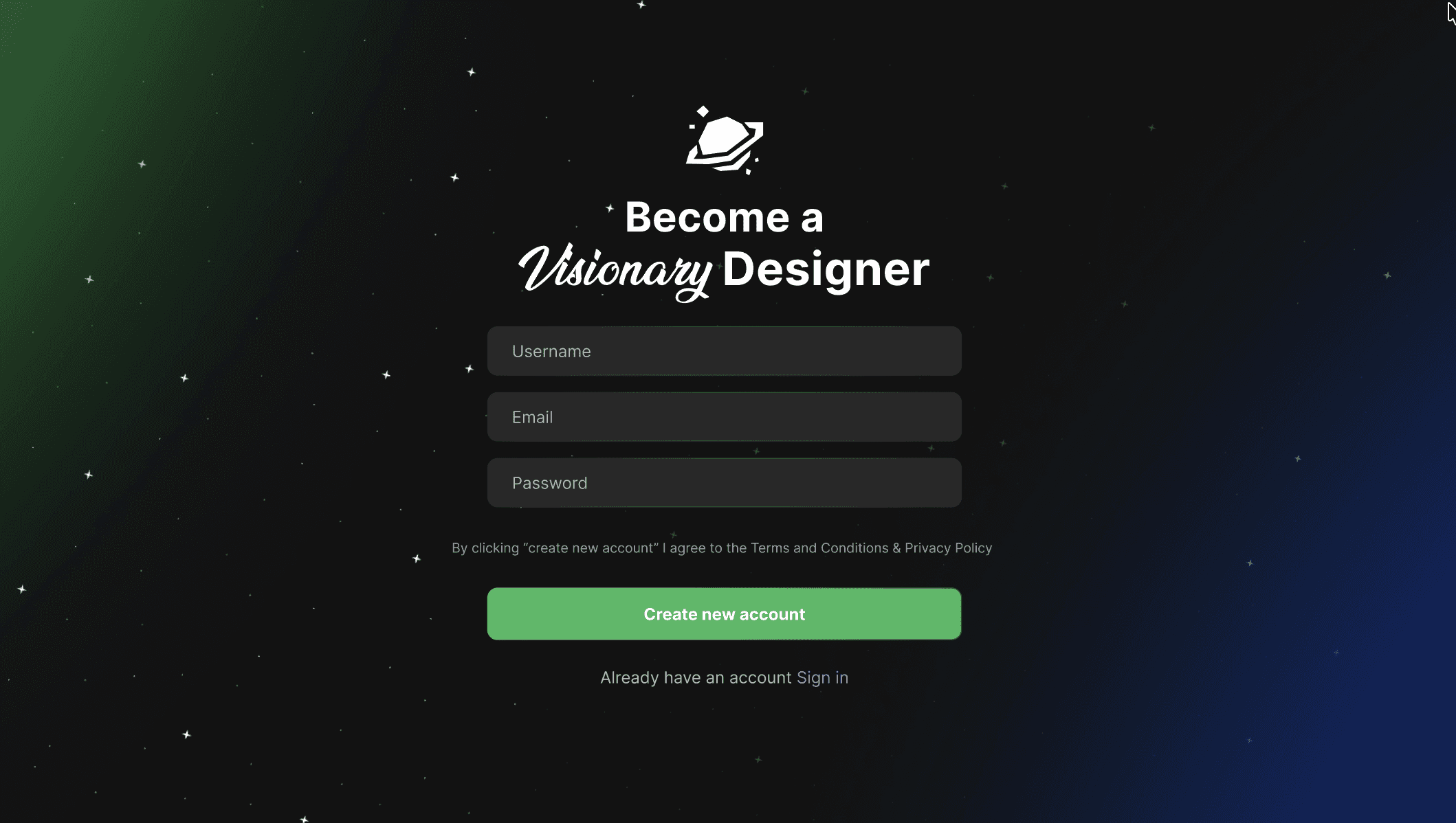Visionary Designer login screenshot