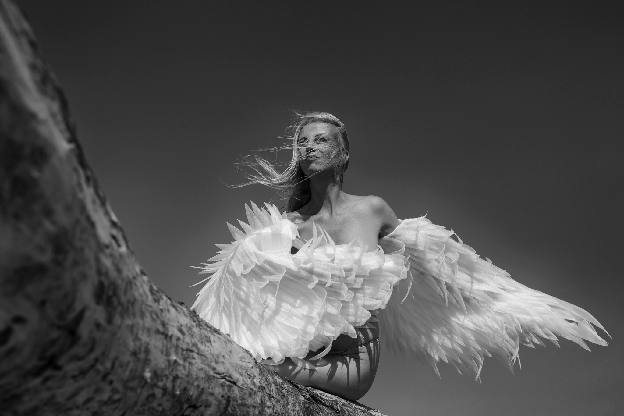 Woman with wings covering her body, black and white - Wings - Agnieszka Czyzkowska Photography