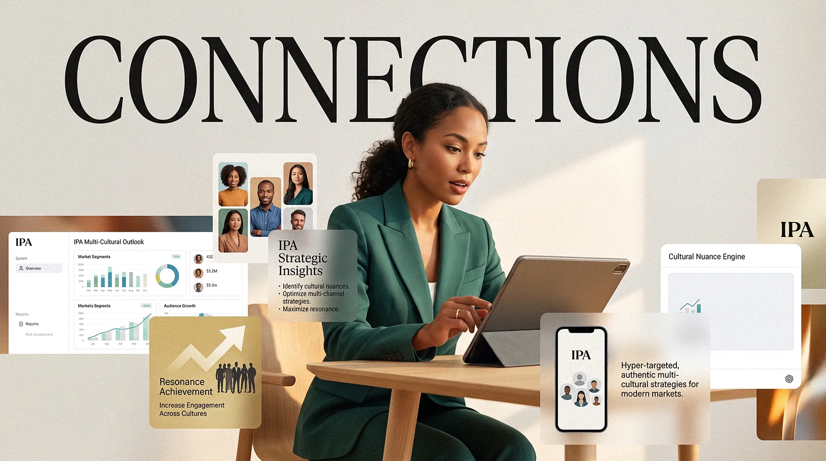 Woman analyzing multicultural marketing strategy on tablet with IPA dashboards showing cultural audience insights - IPA report
