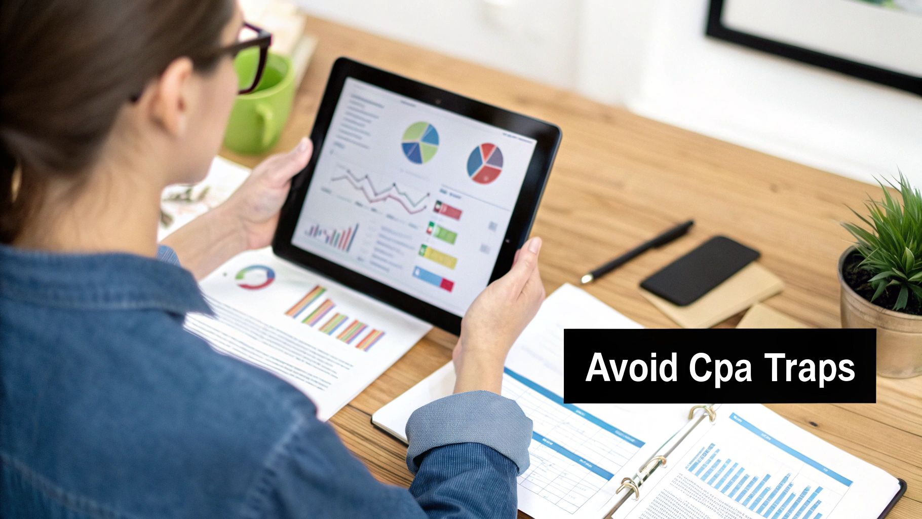 A person in glasses and a denim shirt analyzes business data on a tablet and papers at a wooden desk.