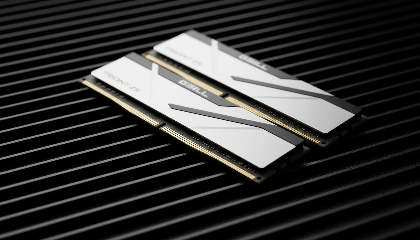 DSLR macro product photography of two sleek, white G.Skill Trident Z5 RAM sticks with black accents, arranged diagonally on a textured, horizontally grooved black surface. The scene is illuminated by soft studio lighting, creating clean highlights and deep shadows that accentuate the brushed metal texture of the hardware. The focus is razor-sharp on the RAM modules and their gold contact pins, creating a shallow depth of field.