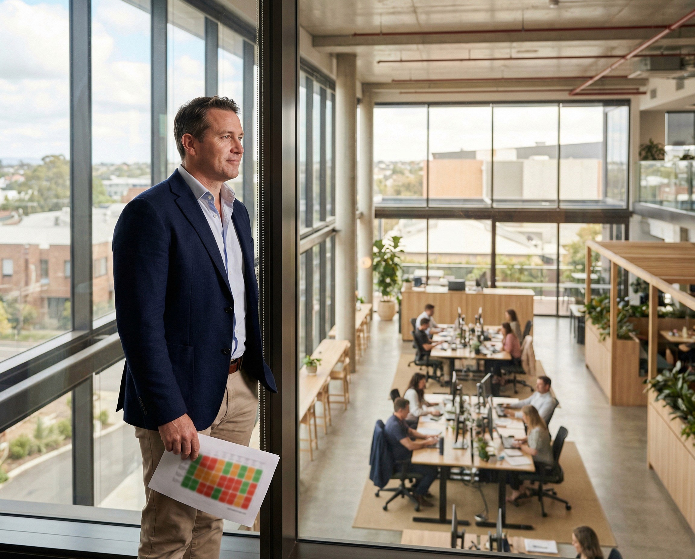 A head of people and culture in his mid-40s standing at a large window in a bright, open-plan office, looking out across the floor with a wide, considered gaze — not focused on any one person, but taking in the whole. He is holding a printed one-page summary at his side, loosely, having just read it. The summary page shows a structured heat-map-style grid with team labels down the side and coloured cells — visible in pattern but not legible. Through the window-wall beside him, the office floor extends with clusters of desks grouped by team
