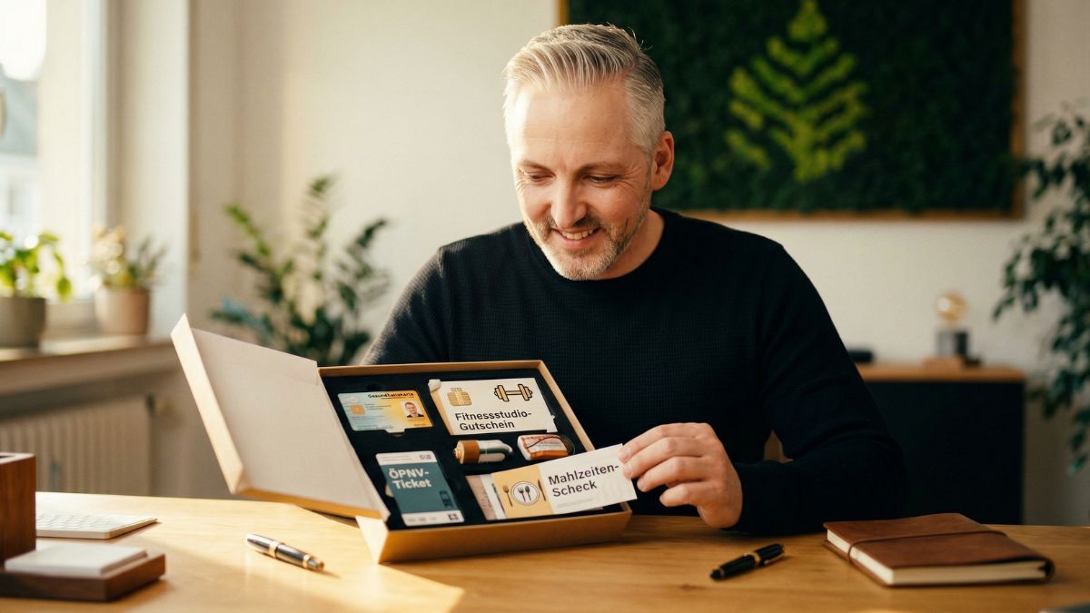 Geschenkbox mit Benefits-Symbolen auf einem Schreibtisch — steuerfreie Mitarbeiterleistungen	