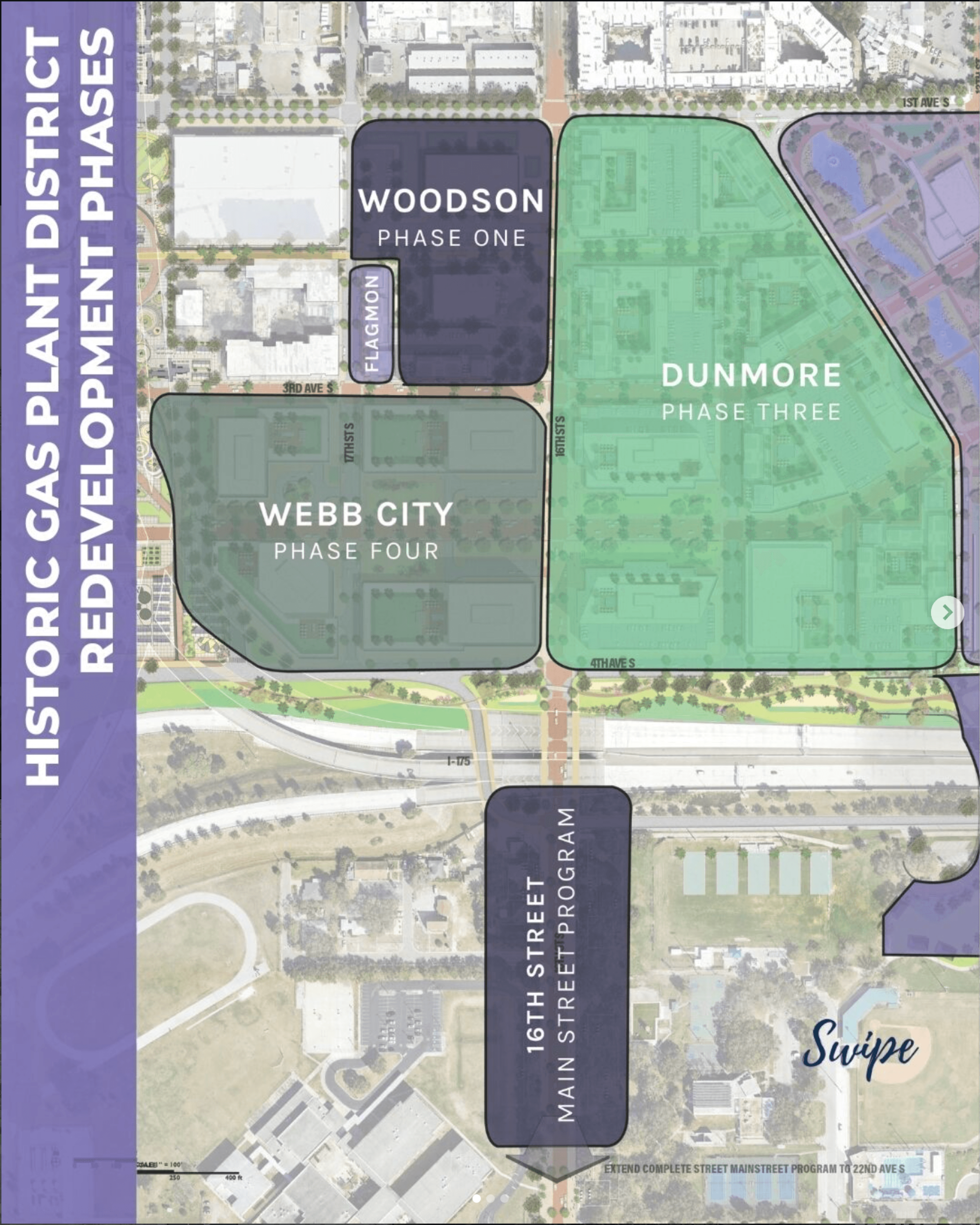 Site plan map of the Historic Gas Plant District redevelopment phases, showing Woodson Phase One, Dunmore Phase Three, Webb City Phase Four, and surrounding streets