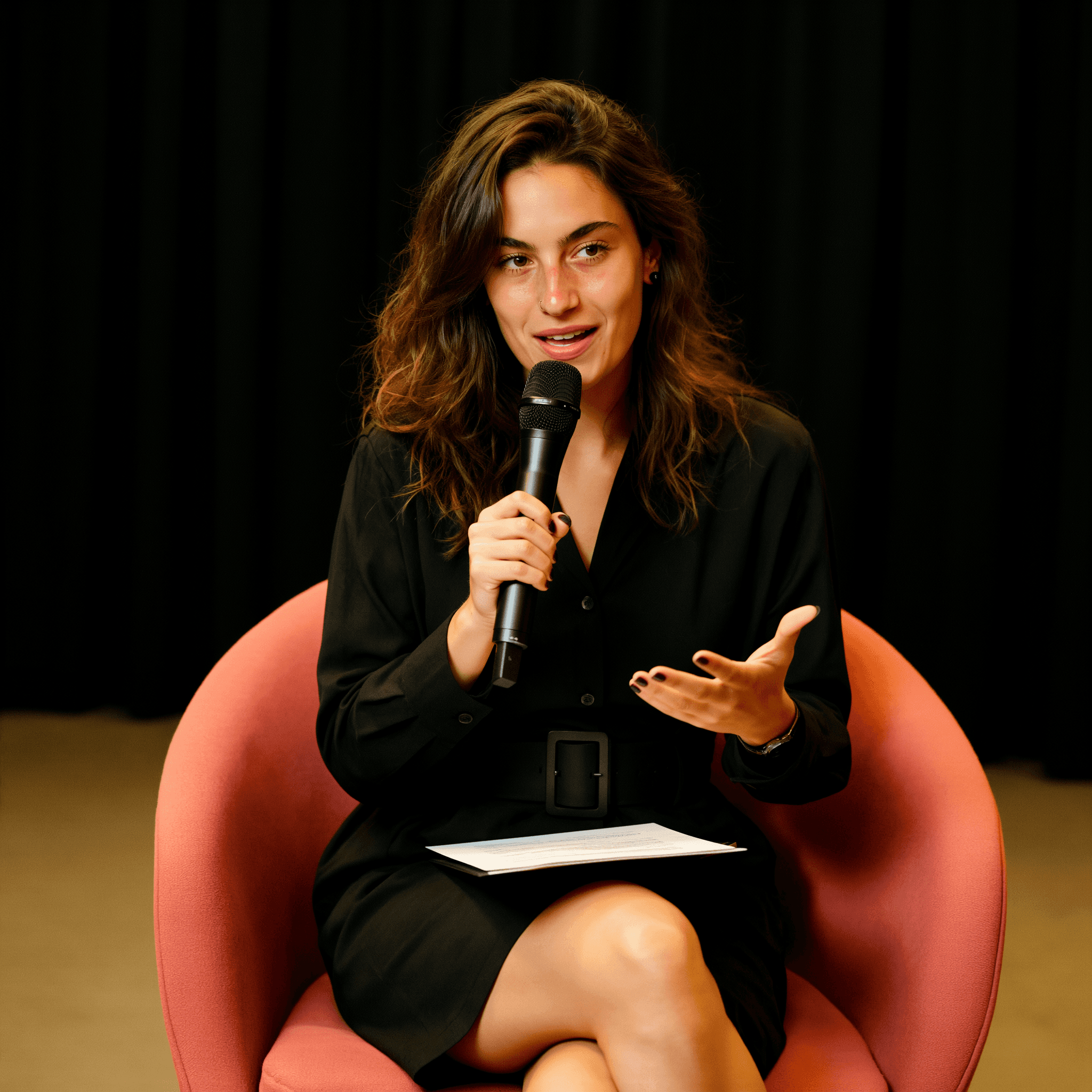 KI-generiertes weibliches Model sitzt in einem rosa Sessel, trägt ein schwarzes Hemdblusenkleid und spricht mit einem Mikrofon – moderne Business- und Interview-Szene für PR-, Medien- und Kommunikations-Content.