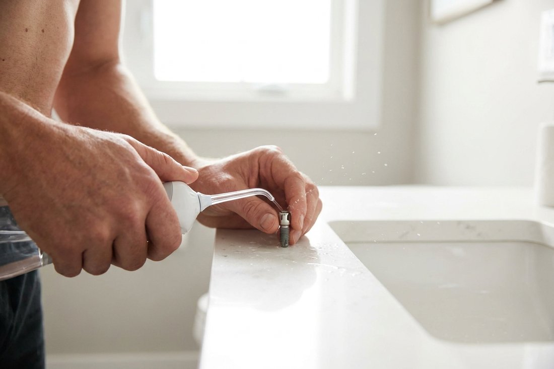 Person using a water flosser to clean around a dental implant at home