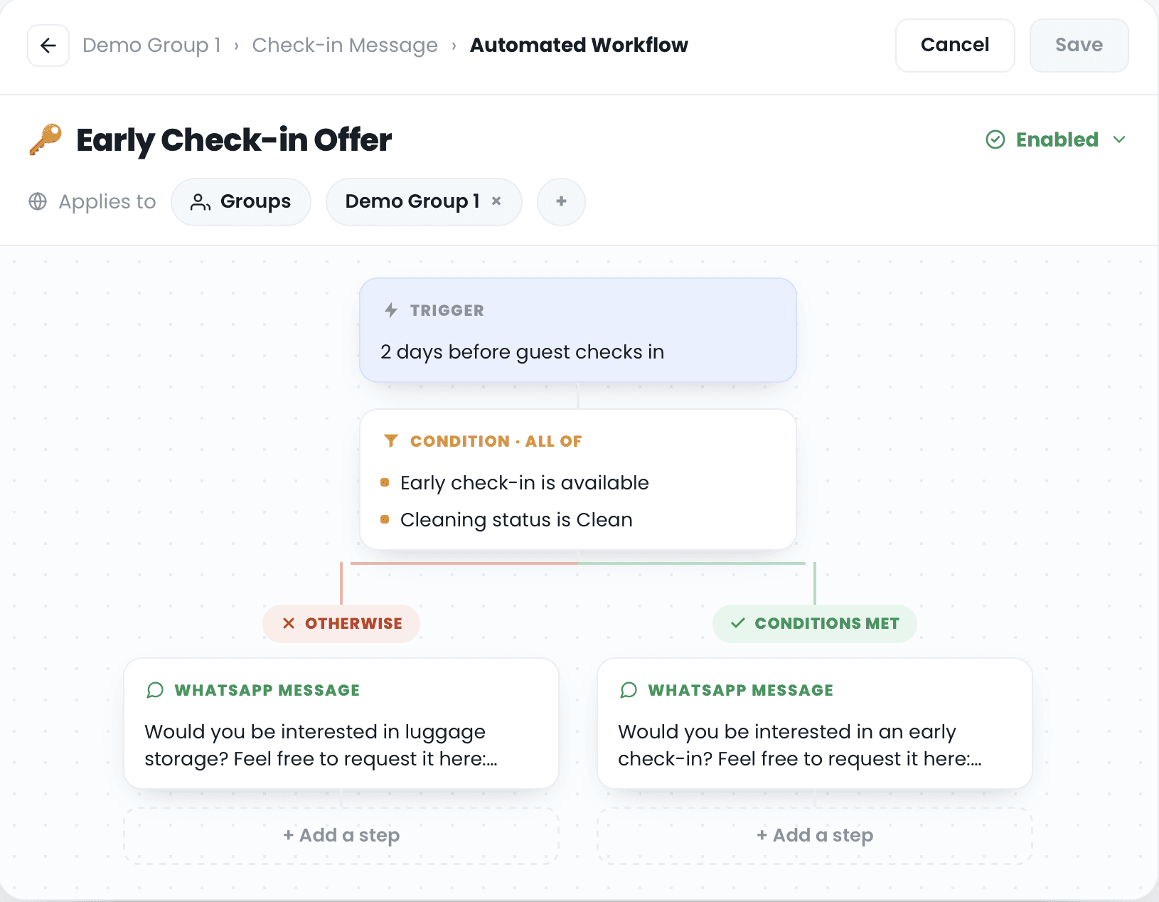 Enso Connect product dashboard showing guest communication and automation tools
