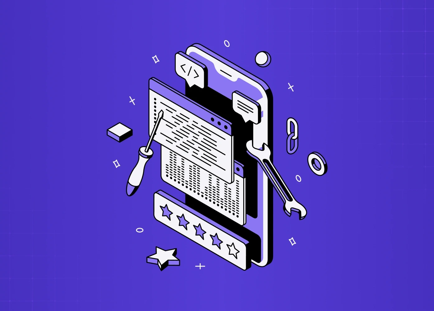 Illustration of a mobile app interface with tools, chat bubbles, and UI elements representing development and optimization.