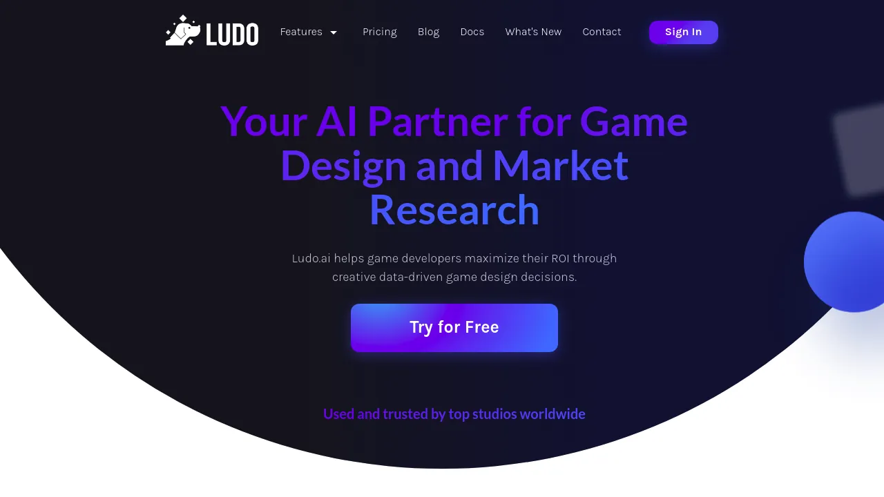 Screenshot of the Ludo.ai website showcasing AI tools for game ideation and development