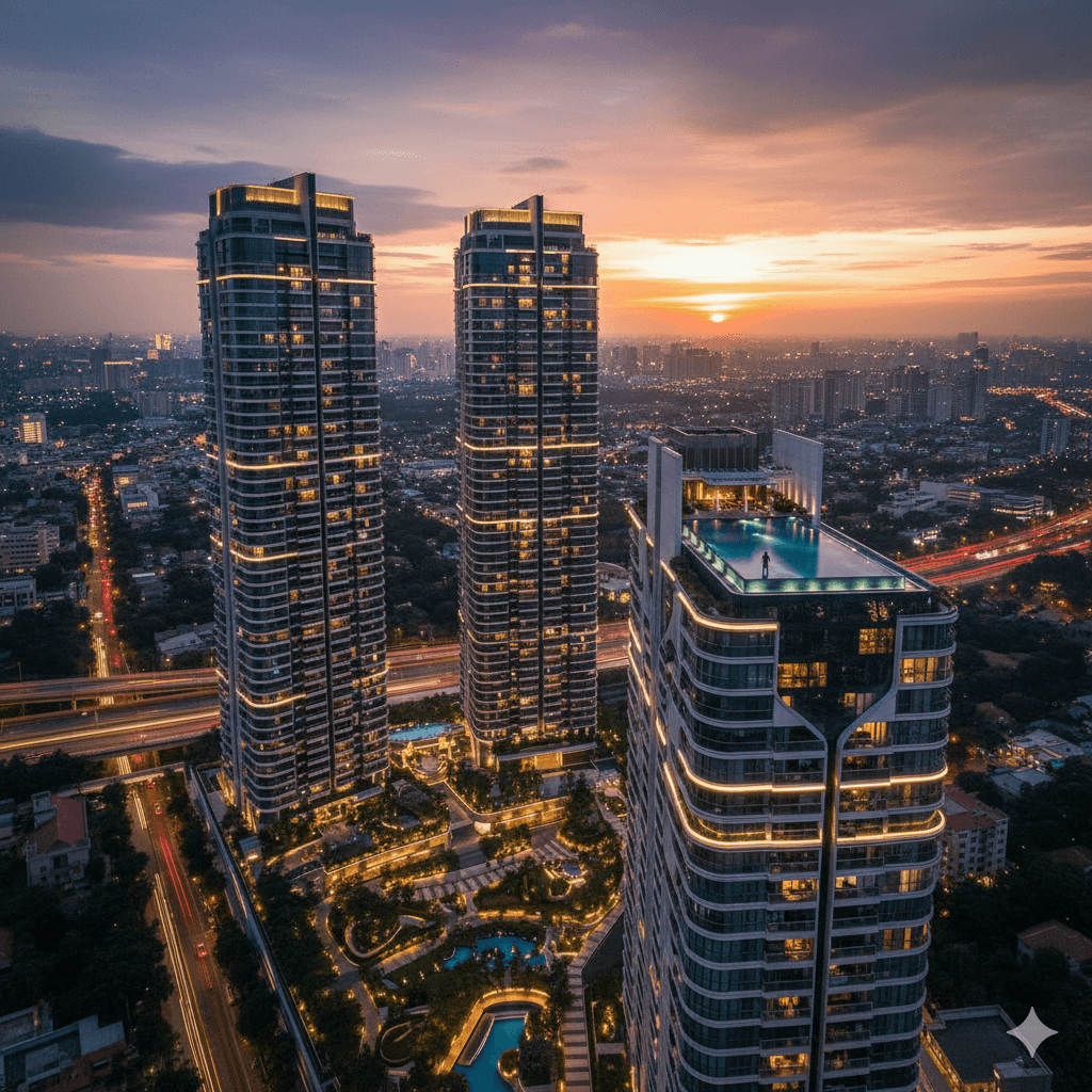 Luxury residential towers, dusk. Premium residences Gurugram