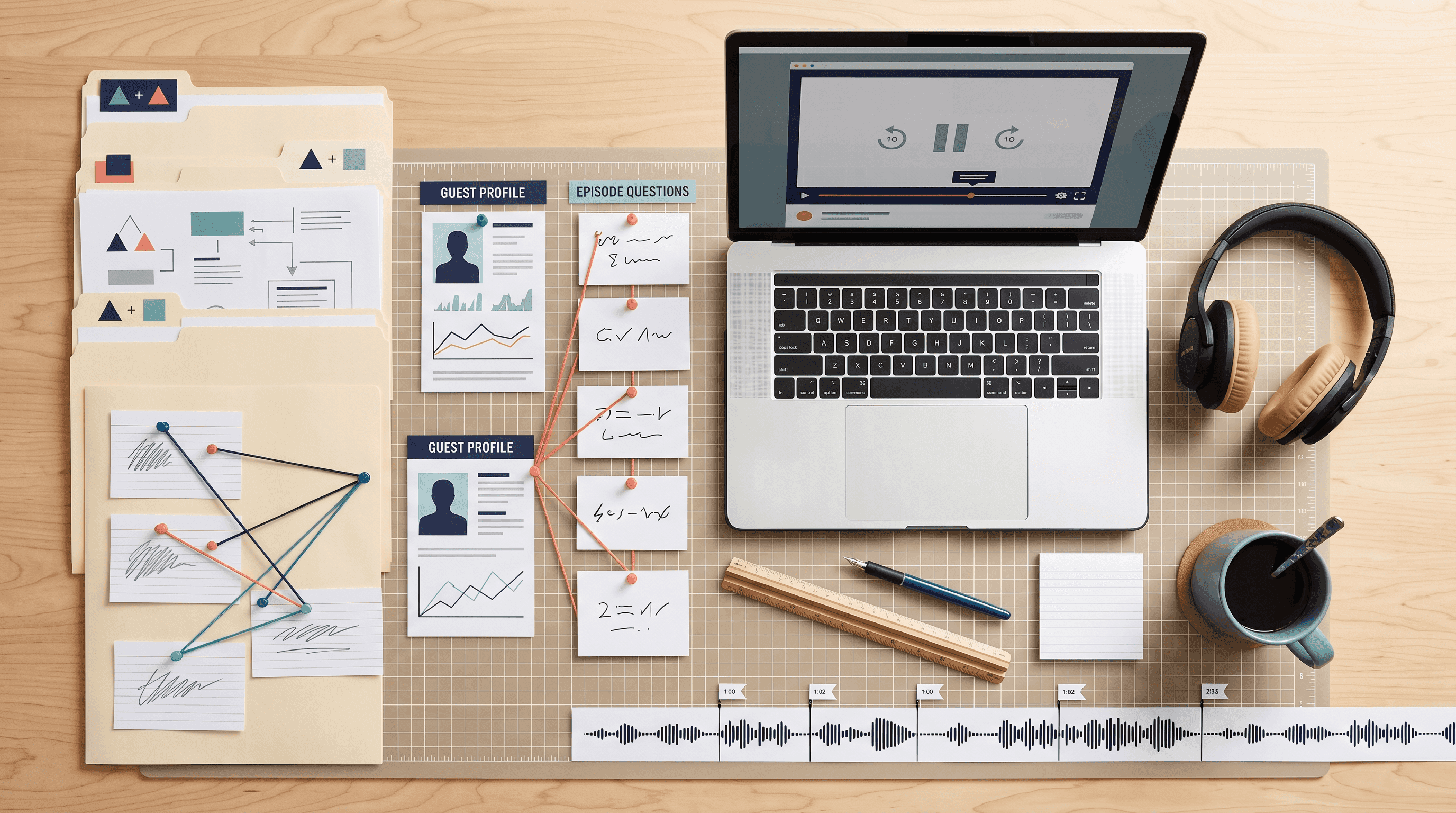 Podcast research board with sources and timestamps
