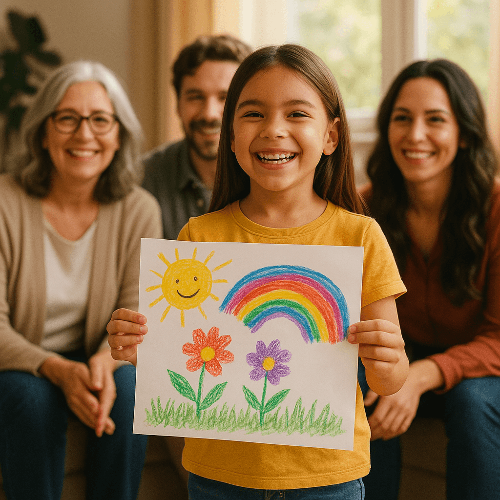 A confident child presenting their artwork to a small group, beaming with pride, showcasing the positive outcome of supported sensitivity