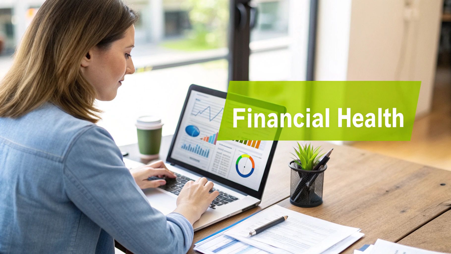 Woman analyzing financial health data and charts on laptop computer at office desk