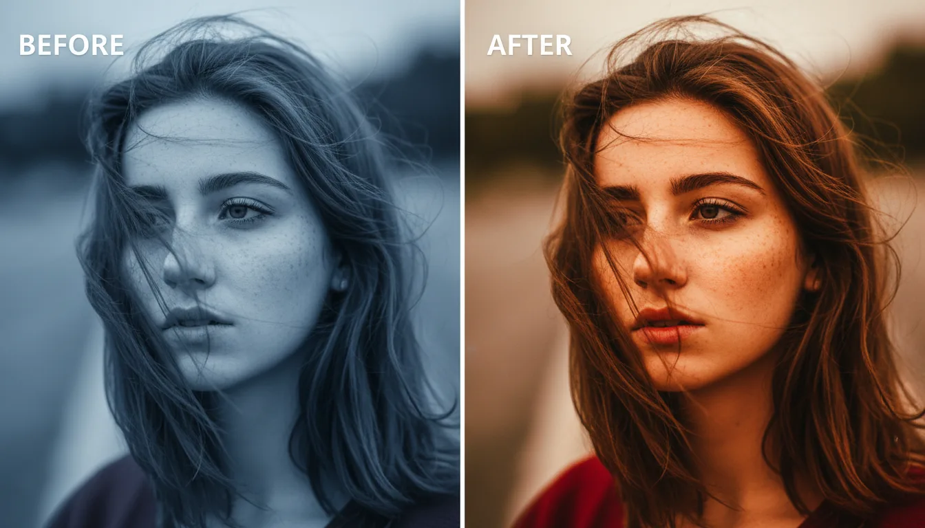 A side-by-side diptych showcasing a cinematic color grading comparison, in the style of a DaVinci Resolve tutorial. The image is a DSLR close-up portrait of a pensive young woman with fair skin, freckles, and windswept brown hair blowing across her face. Soft natural daylight. The left panel is flat and desaturated with a cool, low-contrast log profile. The right panel is the same image with a professional color grade applied, featuring high contrast, warm, vibrant skin tones, rich saturated reds, and a shallow depth of field with a soft bokeh background.