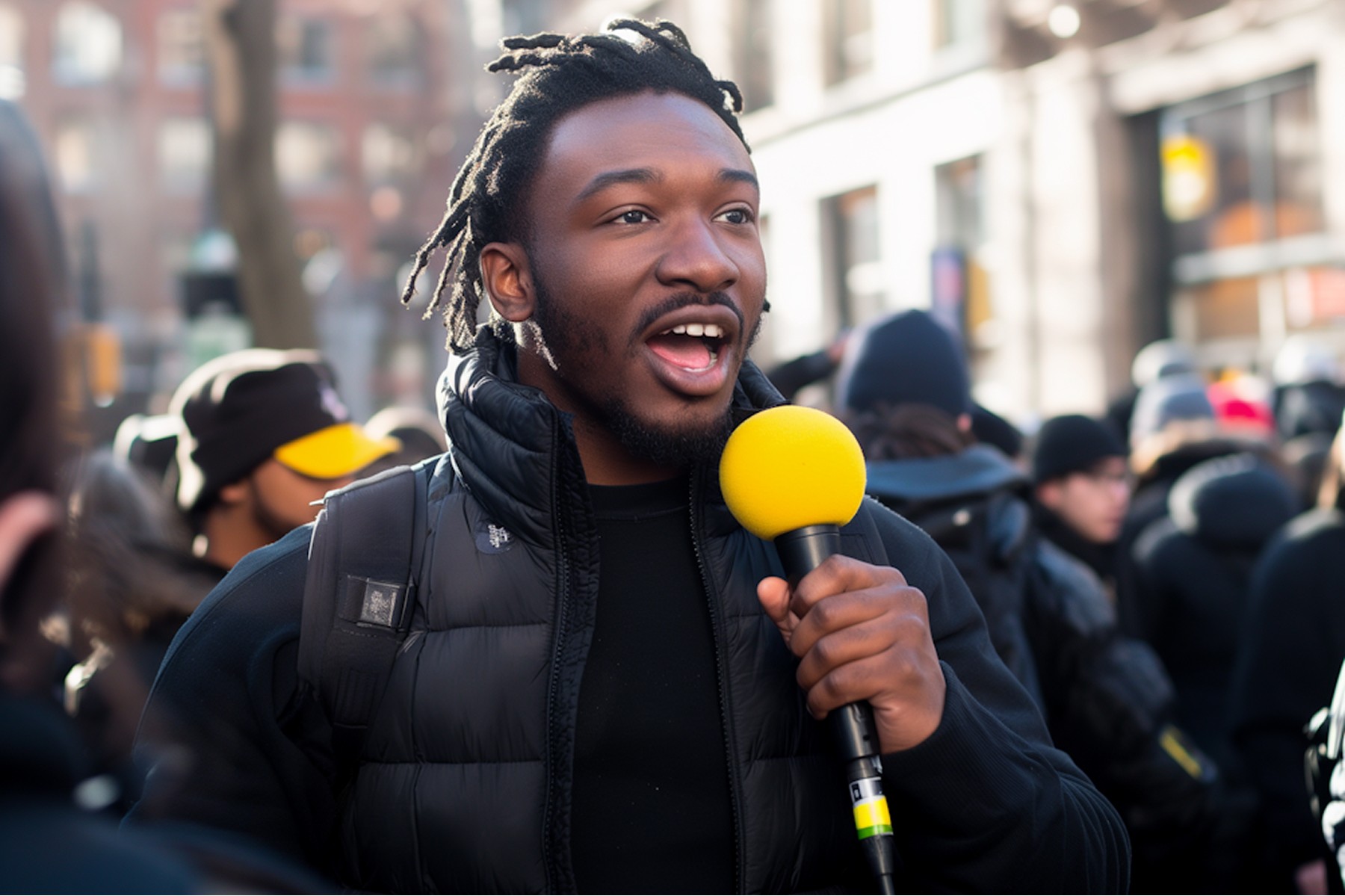 Enthusiastic young man holding a microphone while being interviewed in front of crowd