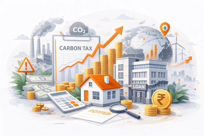 How global climate policies and carbon taxes may increase property and business loan costs in India. Understand risks and compare loans on Saarathi.ai.