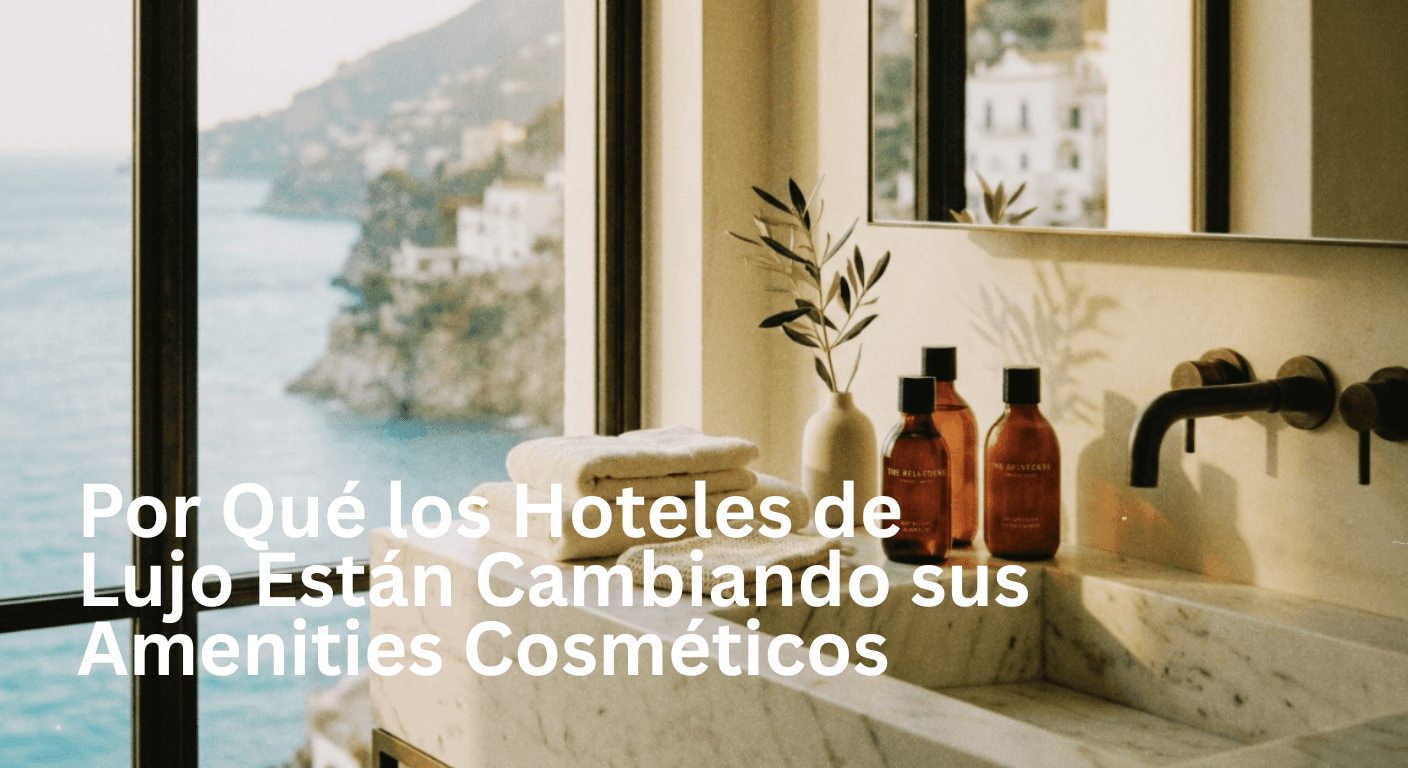 Un lavabo de mármol con toallas, una rama de olivo en un jarrón y botellas de color ámbar crean un ambiente sereno. Los grandes ventanales ofrecen vistas a la costa, con acantilados y mar.