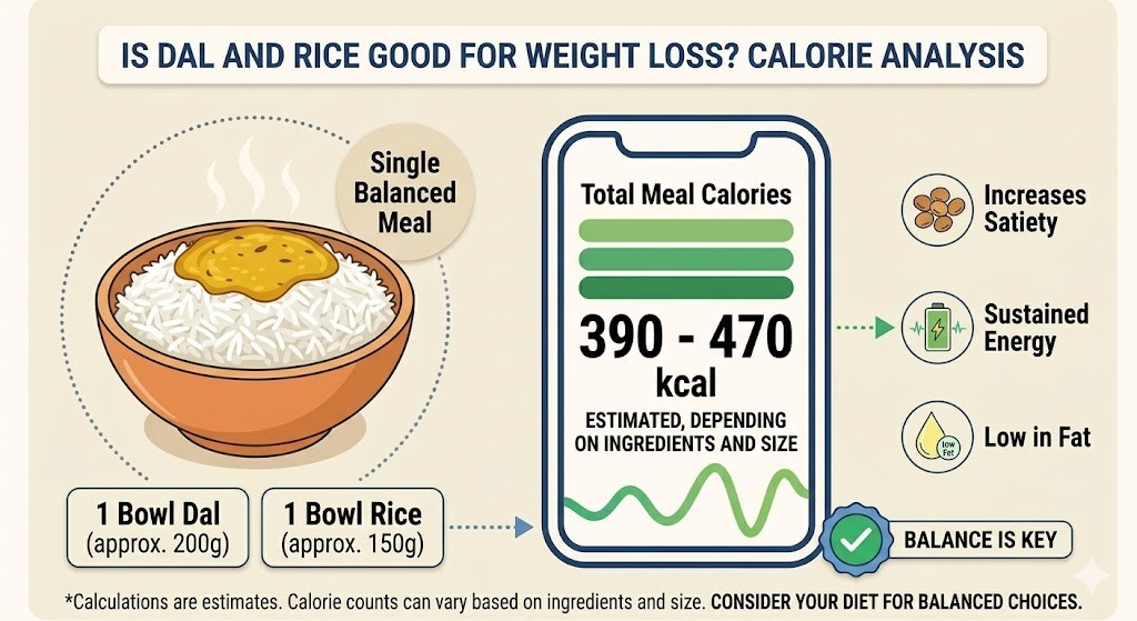 An infographic titled "Is Dal and Rice Good for Weight Loss? Calorie Analysis," showing a bowl of dal and rice, a smartphone with estimated calories between 390-470, and icons for satiety, energy, and low fat.