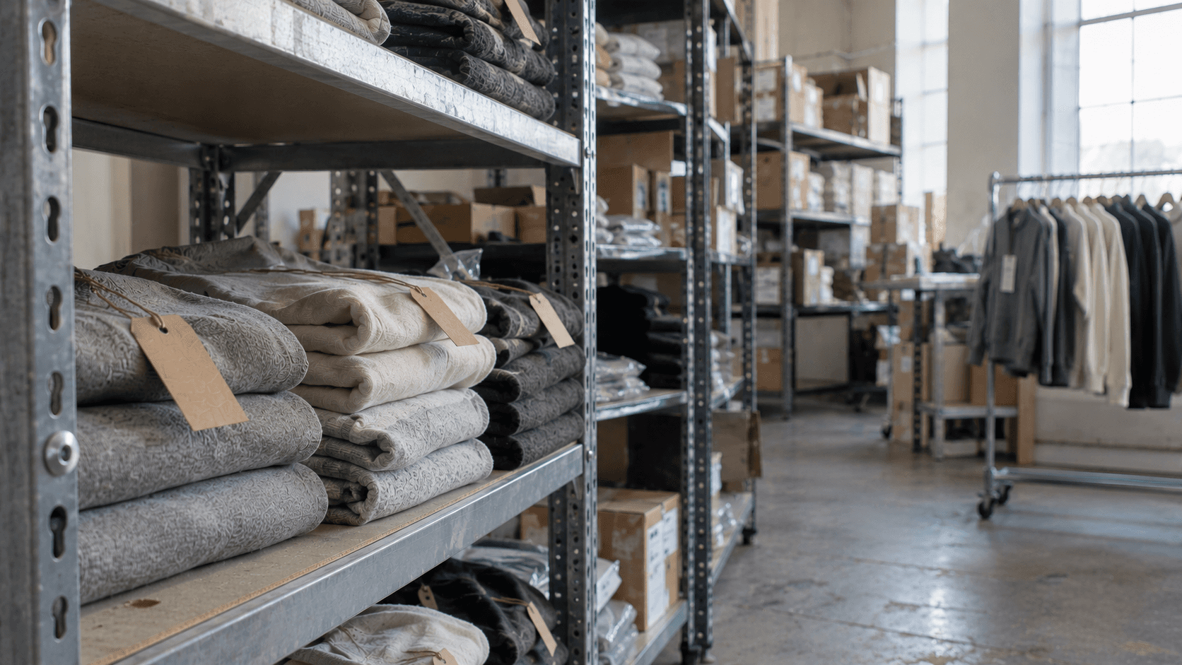 Folded grey and off-white garments with cardboard tags on metal shelving in a wholesale stockroom, with clothing racks and inventory boxes in the background