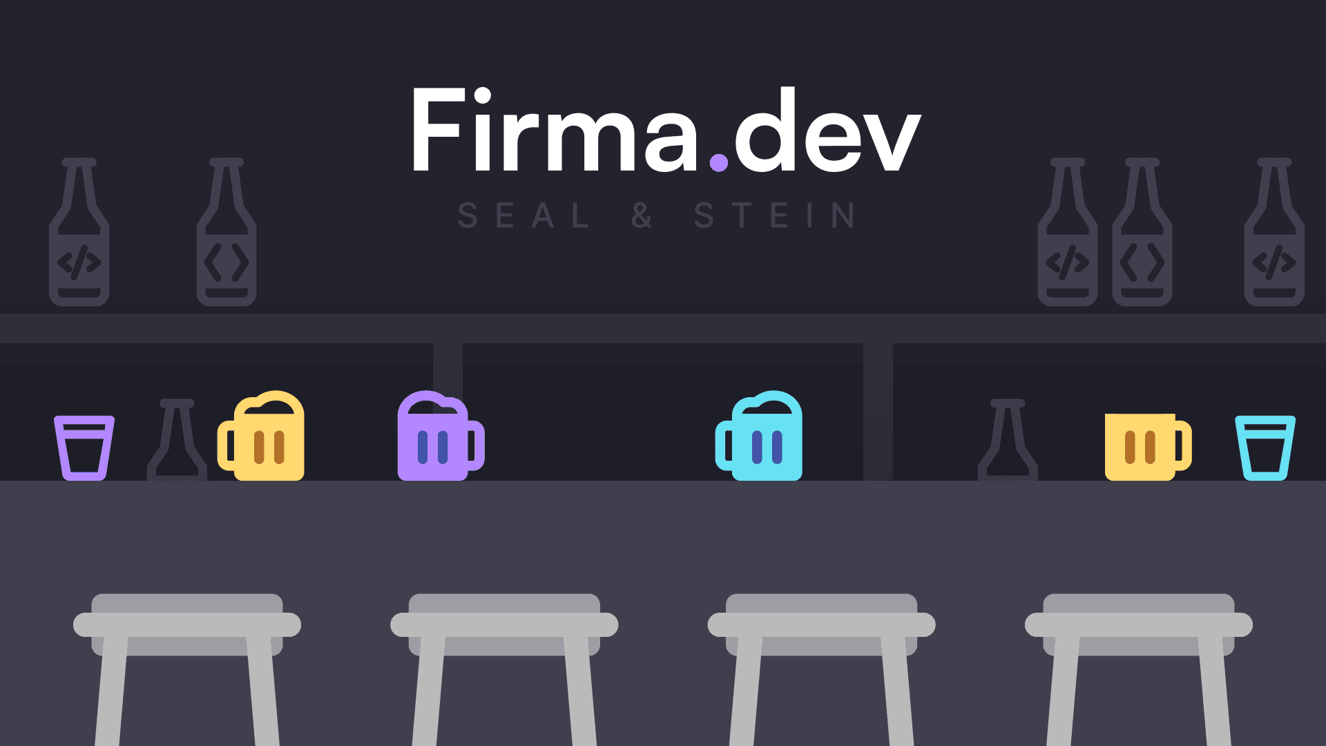 A dark-themed pub graphic for Firma.dev / SEAL & STEIN. The scene uses a beer ordering analogy to explain APIs, featuring colorful beer mugs on a bar and bottles labeled with code symbols (</>)