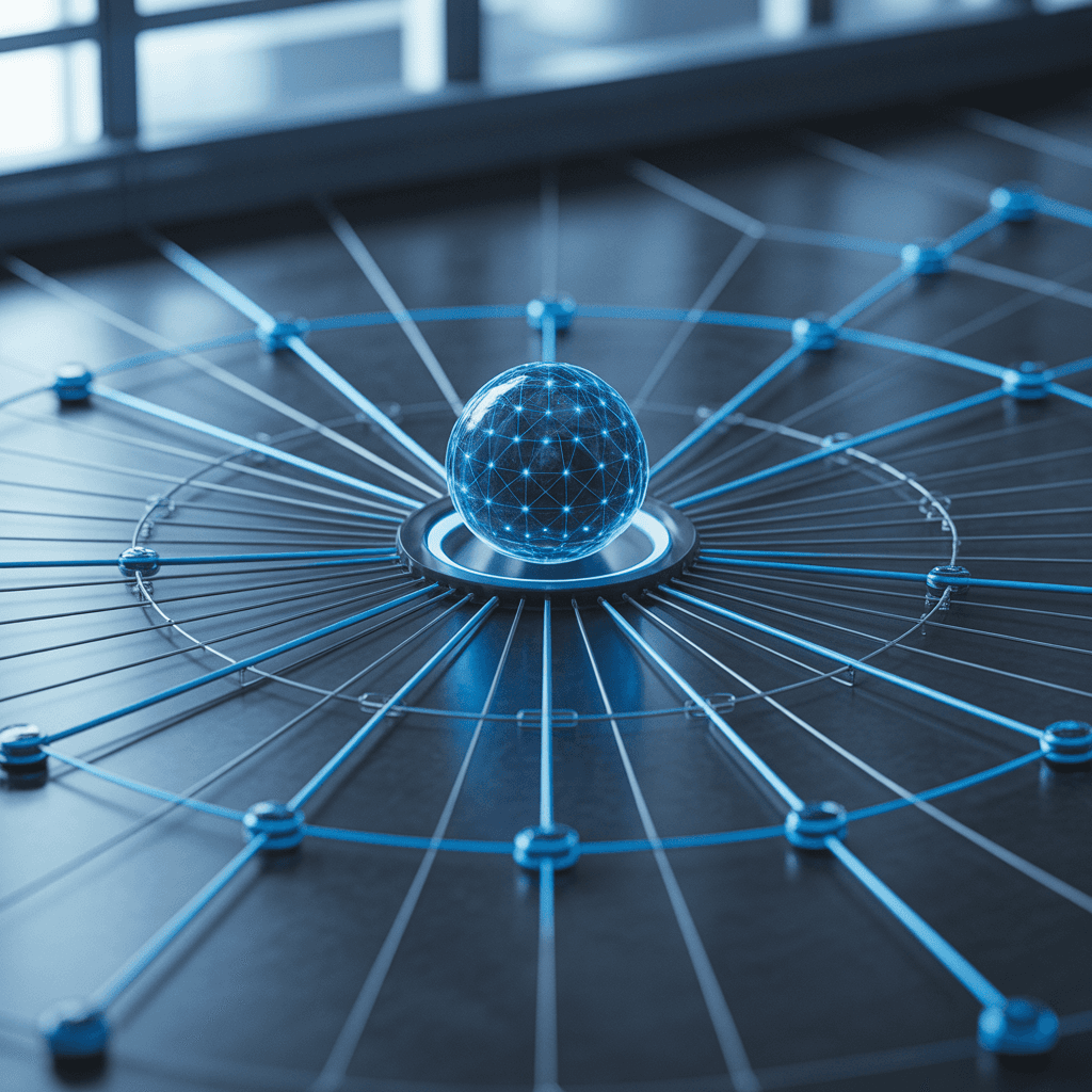 Glowing blue sphere connected by radial lines, representing interconnected platforms.