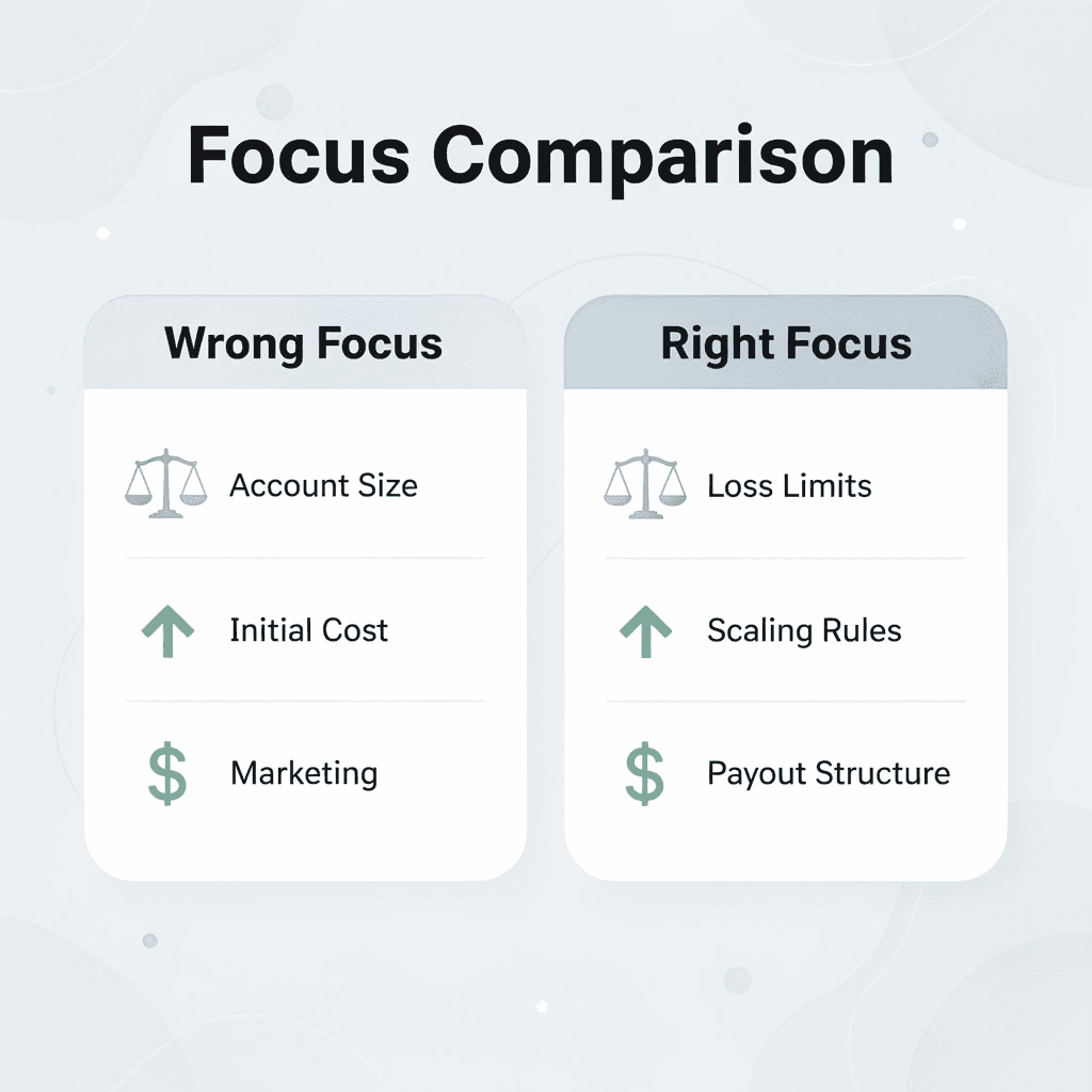 Comparison chart showing wrong vs right focus areas for prop firm selection