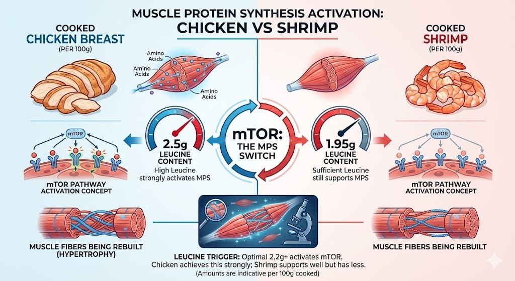 Scientific infographic comparing leucine content and mTOR pathway activation in 100g of cooked chicken breast (2.5g leucine, strong MPS activation) and 100g of cooked shrimp (1.95g leucine, supports MPS). Illustrates the process of muscle fibers being rebuilt for hypertrophy.