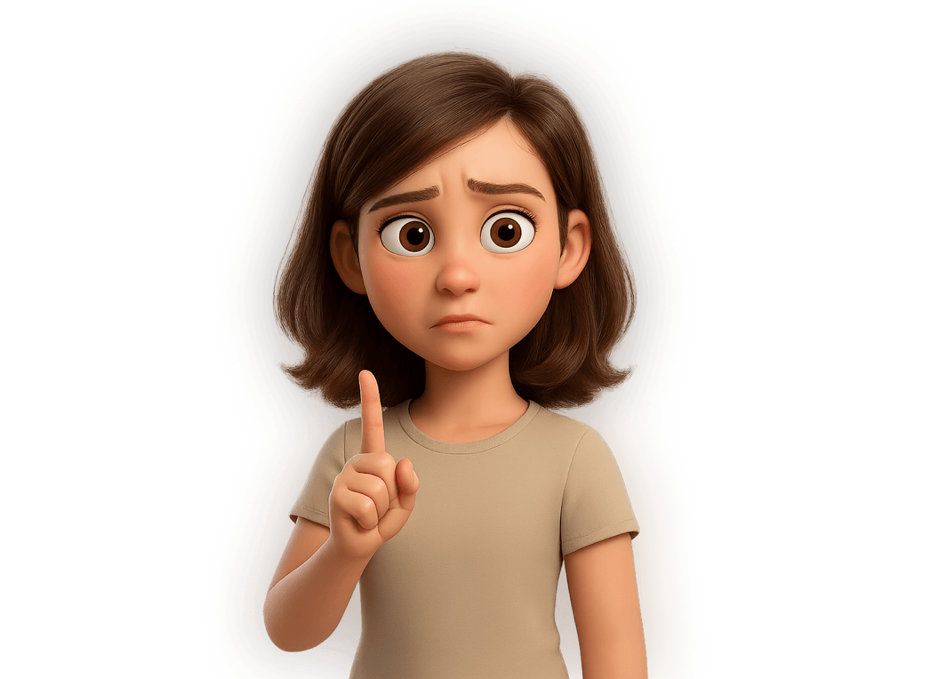 Animated character with short brown hair raising one finger and looking concerned.