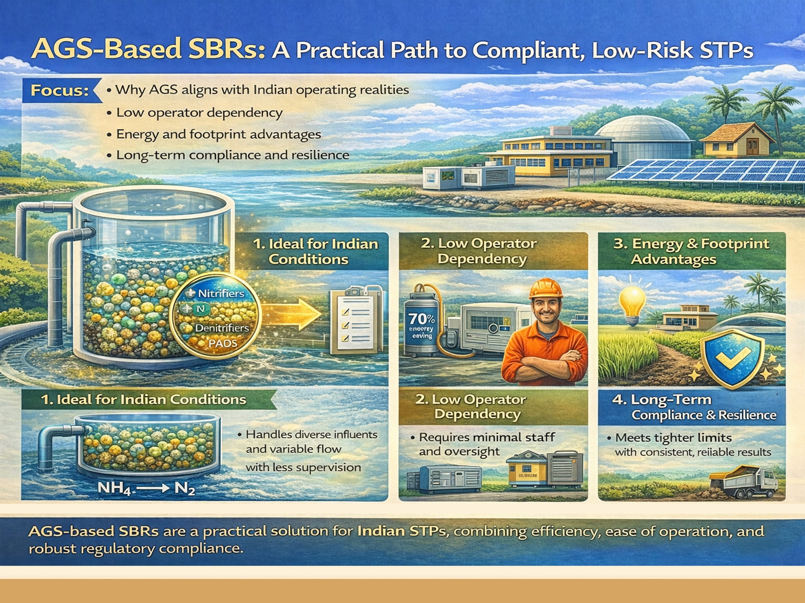 AGS-based SBR wastewater treatment system showing low-risk, compliant STP design with low operator dependency, energy savings, and long-term performance.