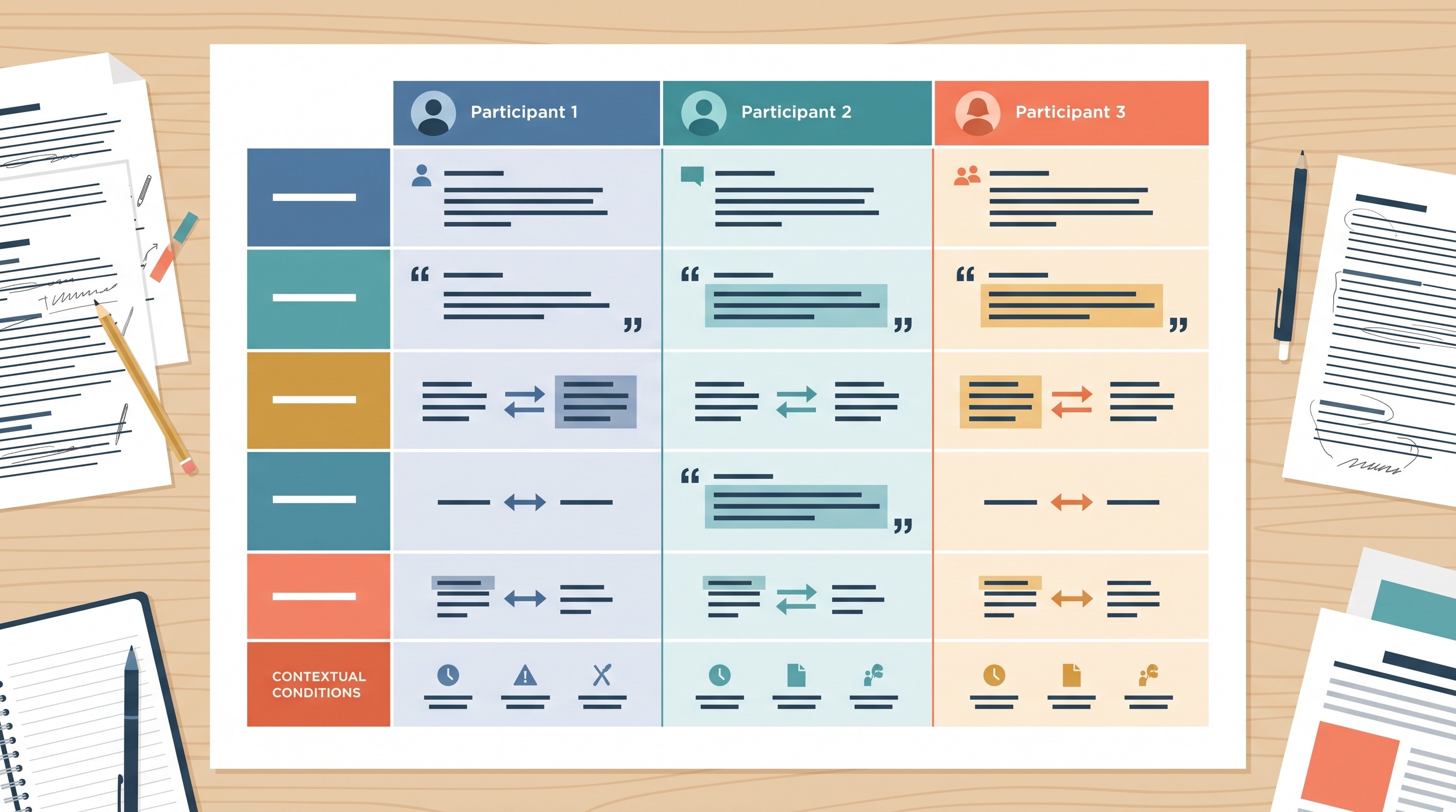 Interview comparison matrix across participants and themes