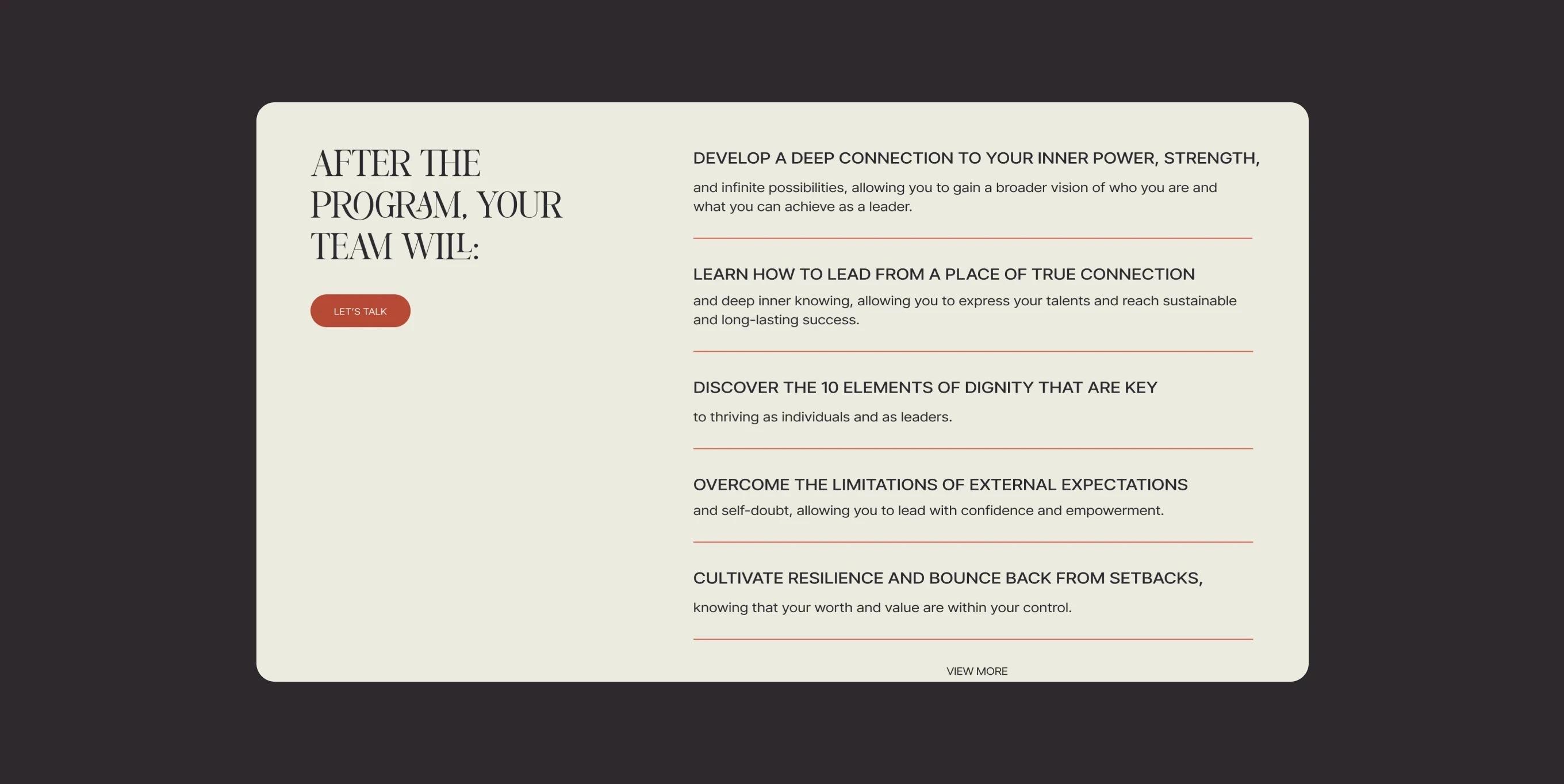 Detalles deTarjeta clara con beneficios del programa de coaching de Federica Vegas