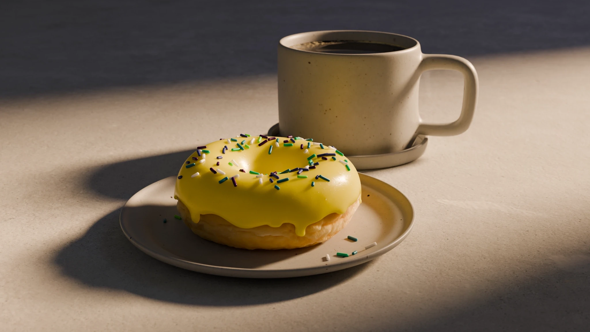 Donut with yellow icing and multi-coloured sprinkles sitting on a white plate, a mug of coffee nearby.