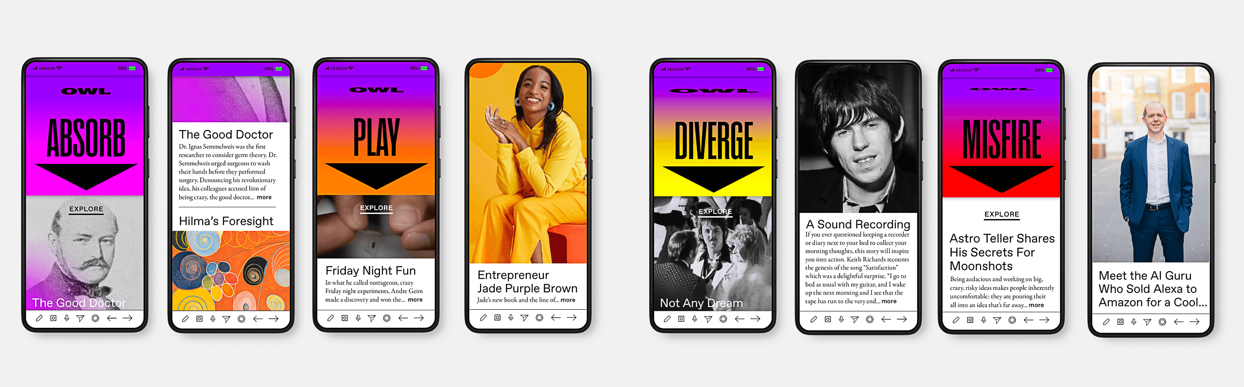 A series of eight smartphones display different OWL apps, each with a distinct color scheme and content. The apps include: Absorbb (purple and pink), The Good Doctor (orange and pink), Play (orange and black), Diverse (yellow and black), Misfire (red and black), A Sound Recording (white and black), Astro Teller Shares His Secrets for Moonshots (white and black), and Meet the AI Guru Who Sold Alexa to Amazon for a Cool... (white and black). Each app features text, images, and icons on its screen.