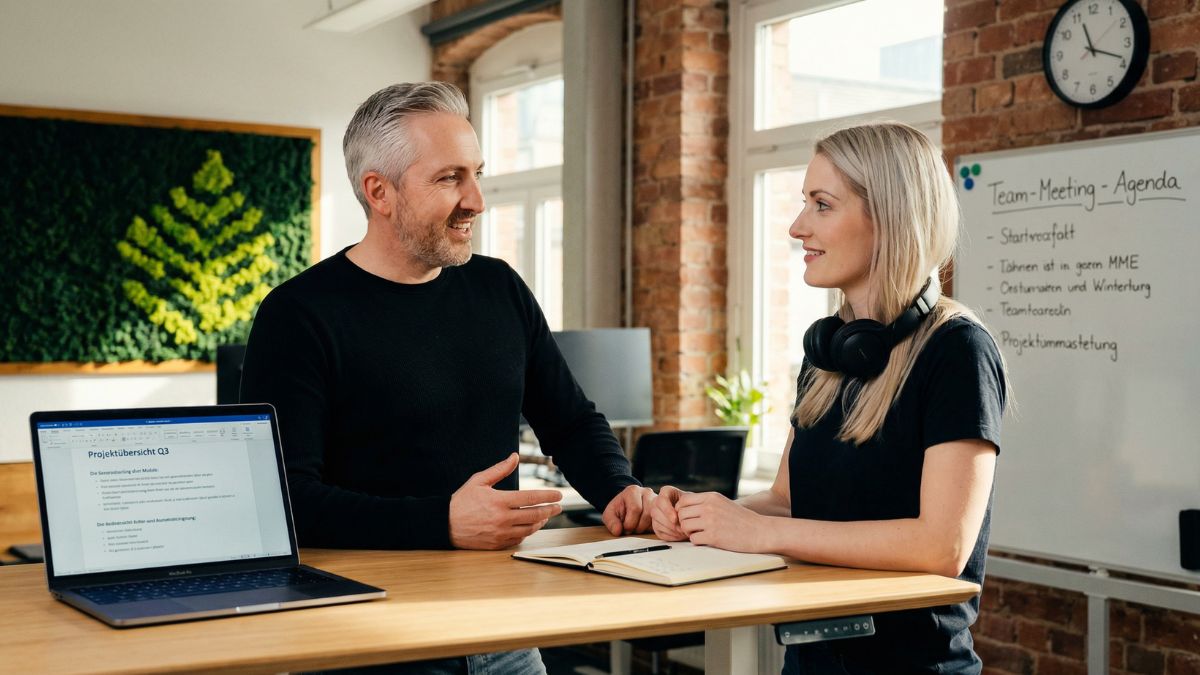 Teamgespräch zwischen Führungskraft und Mitarbeiter in einem KMU-Büro