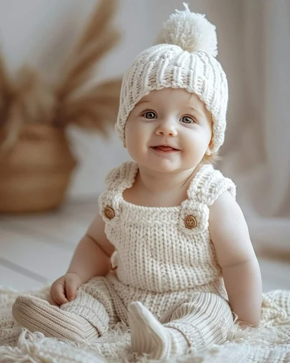Baby in white knitted overalls and a pompom hat