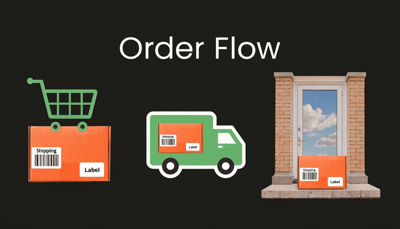 An illustration showing the e-commerce order flow from shopping cart, shipping vehicle, to home doorstep delivery.