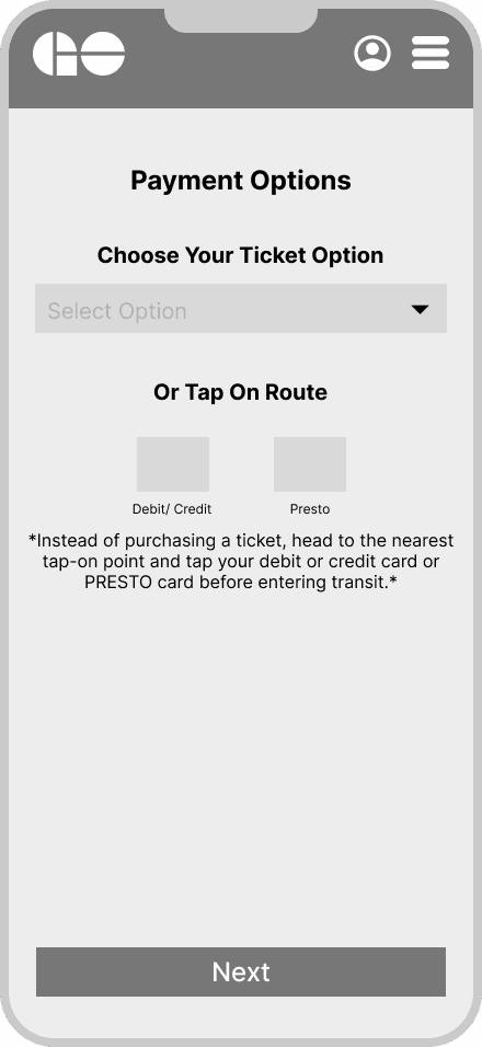 Payment options screen with ticket selection, tap‑on options, and a Next button.