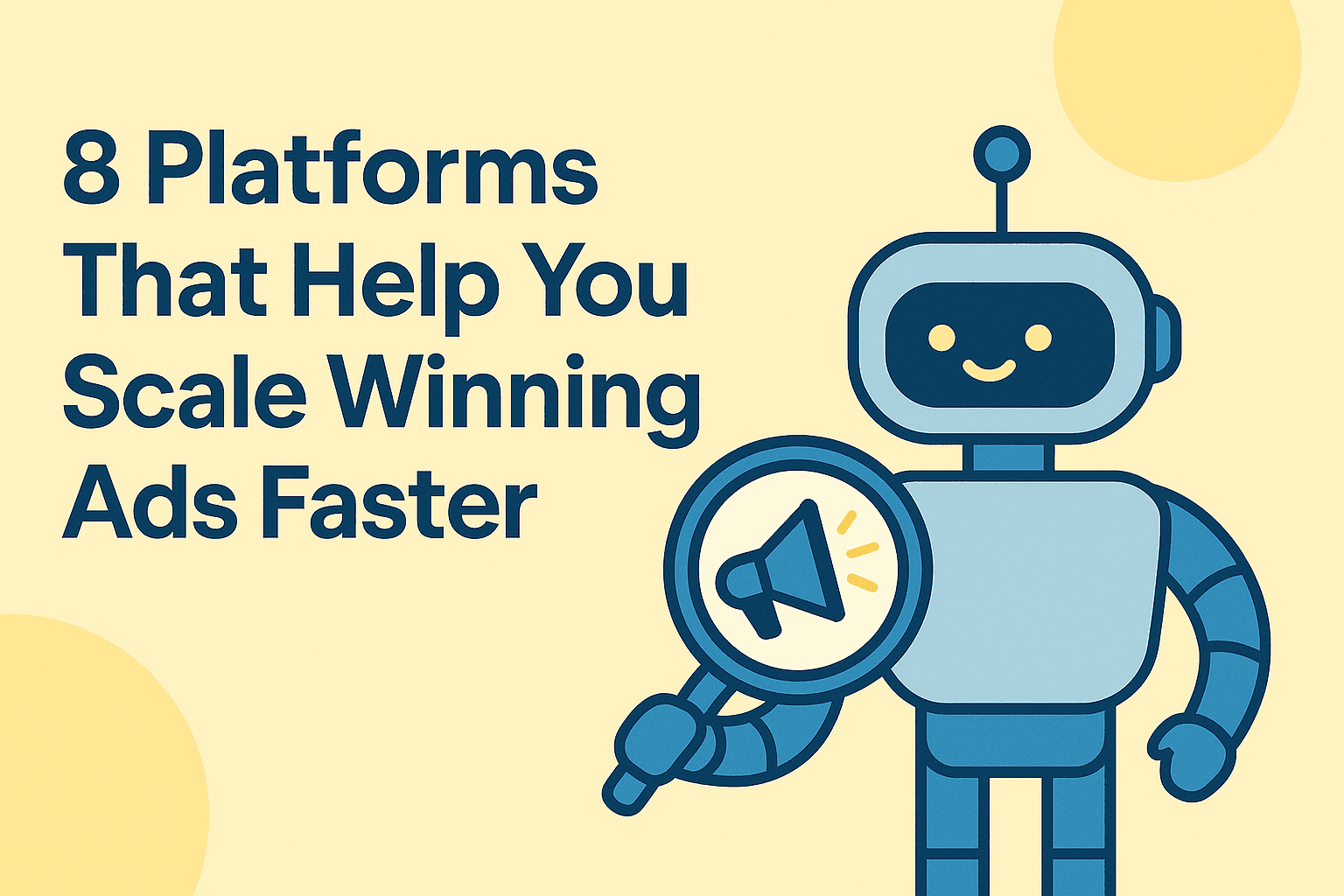 AI robot illustration representing ad experimentation platforms that help performance marketers test creatives, optimize campaigns, and scale winning ads faster across digital advertising channels.