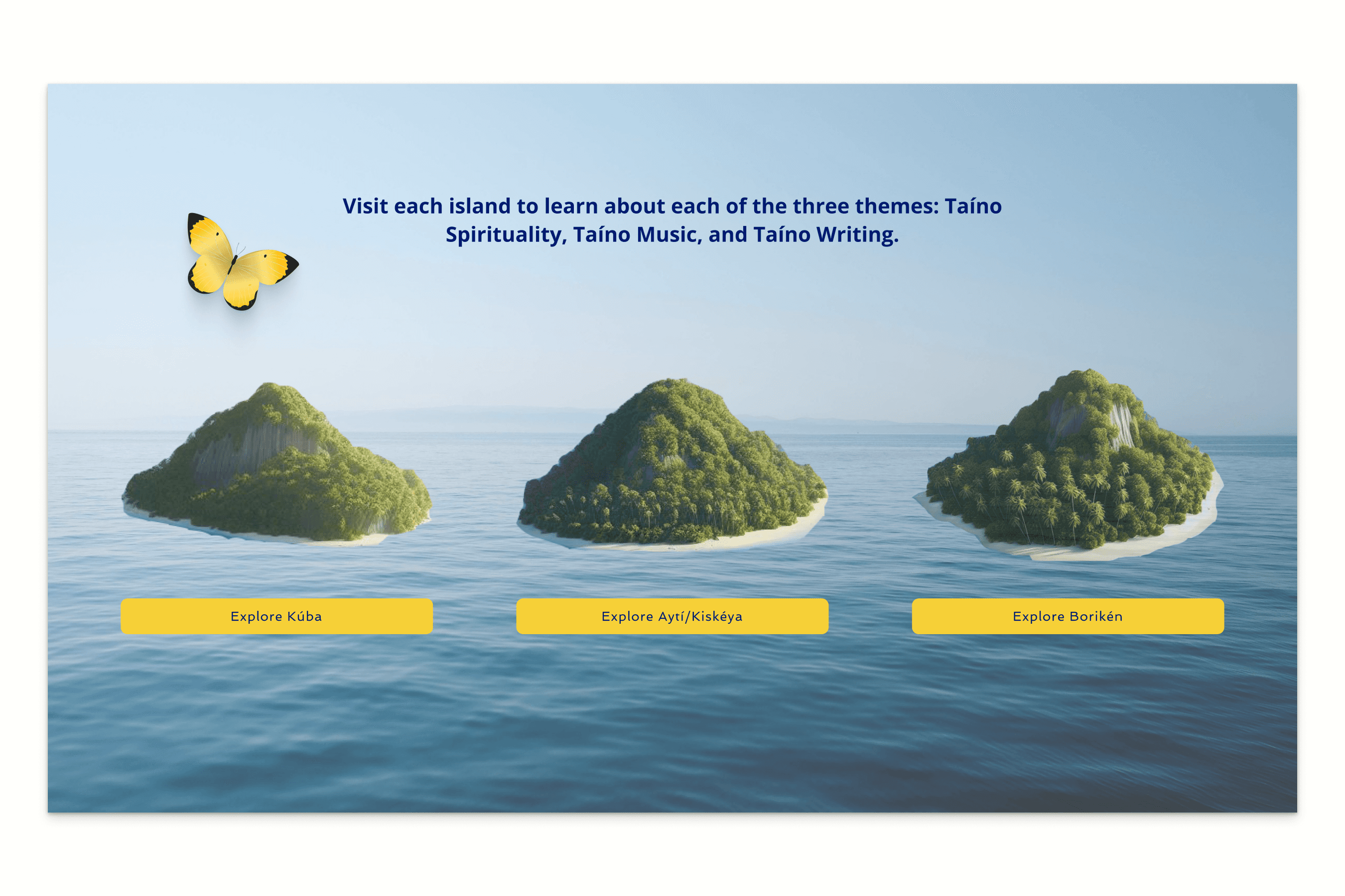 Older hero section design with an invitation to explore the islands, each featuring images and buttons to access content.