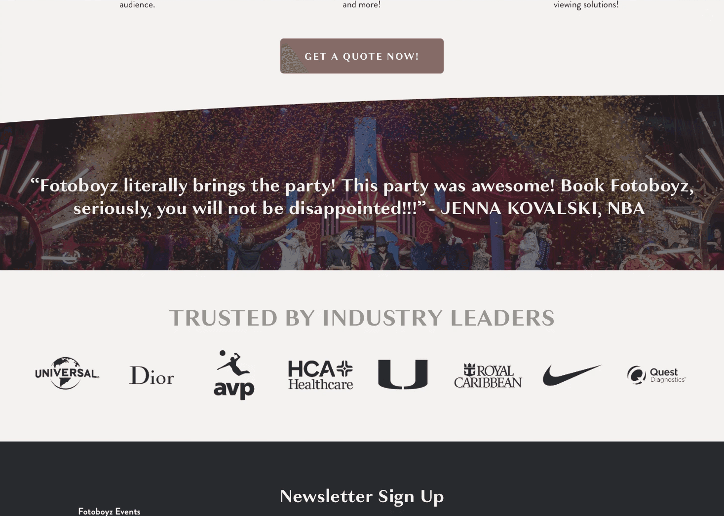 Fotoboyz Events website section showing a testimonial quote and “Trusted by industry leaders” partner logos.