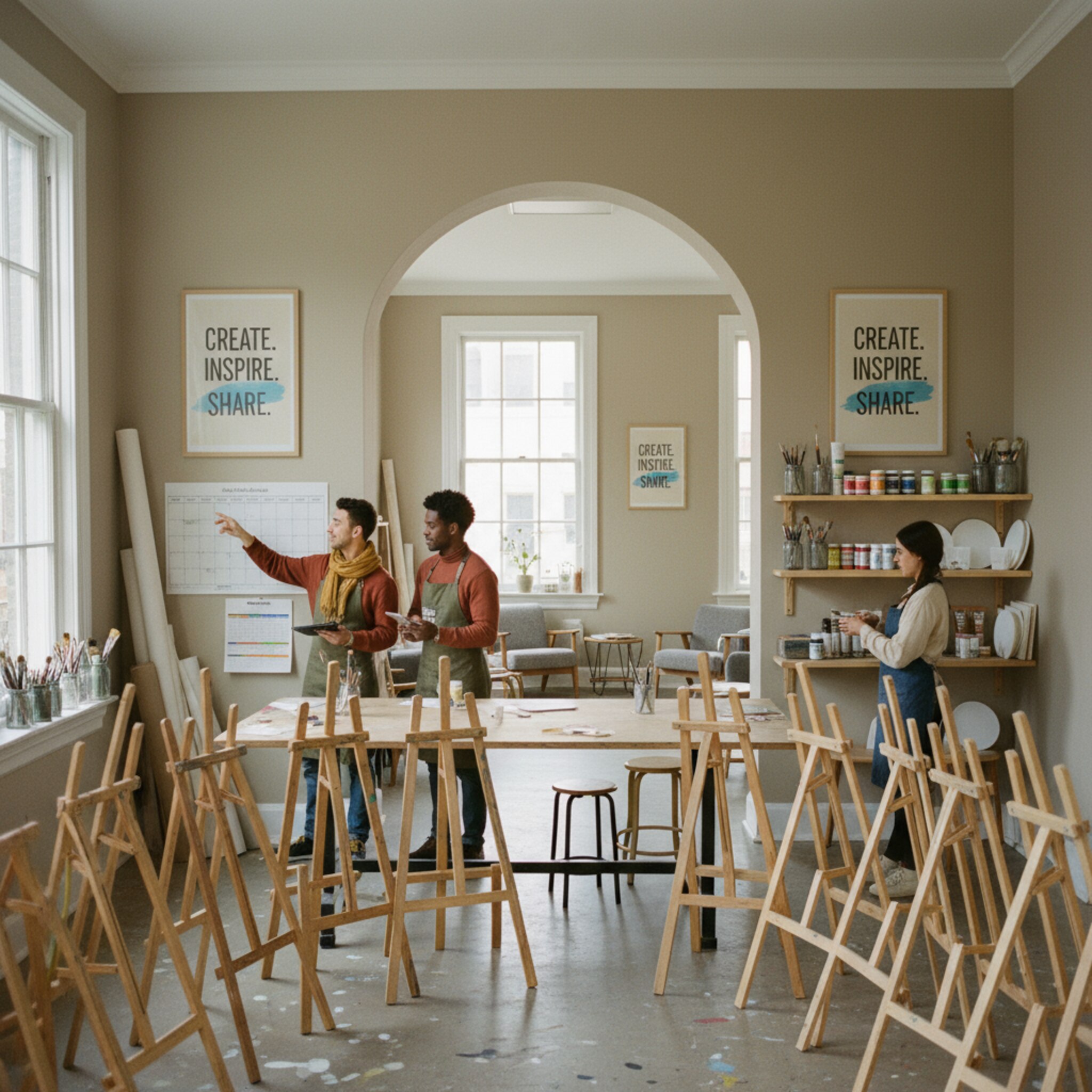 Zwei Studioszenen werden sichtbar: Ein größerer Raum mit vielen Staffeleien und ein gemütlicher Nebenraum für kleine Gruppen. In beiden hängen identische Motto‑Poster. Ein Team bespricht die Abendbelegung, während Materialien nachgefüllt werden. Alles wirkt eingespielt und gut organisiert.
