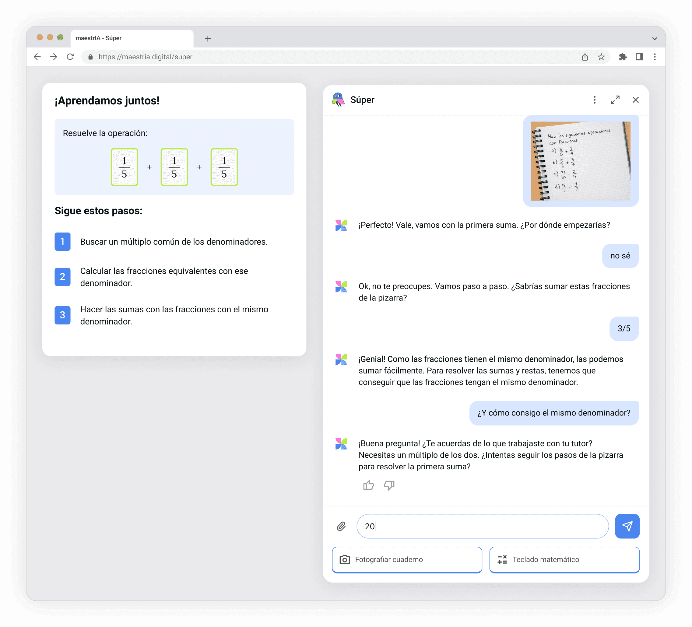 Captura de Súper, el tutor virtual de matemáticas de maestrIA, guiando a un alumno en una suma de fracciones