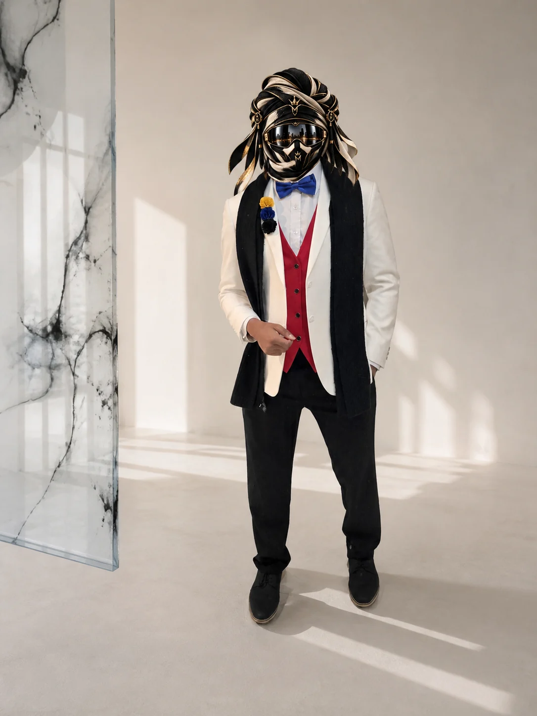 Full-length view of Red, White and Blue, a white jacket over a red waistcoat with blue neck and lapel accents, with the official Marzelest face covering.